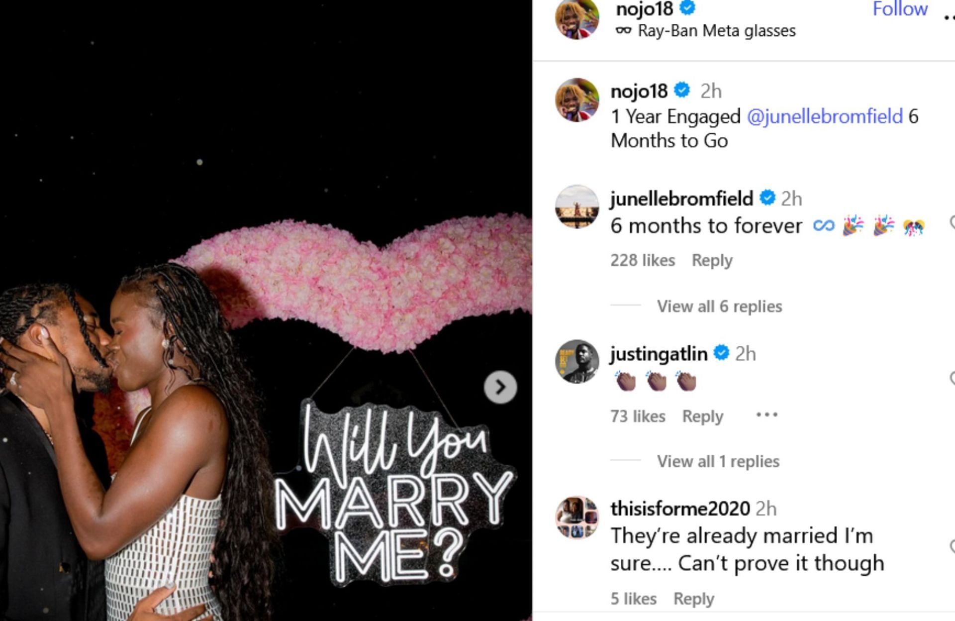 Screenshot of Bromfield&rsquo;s reaction on Noah Lyles&rsquo; post. Credits - IG/ nojo18