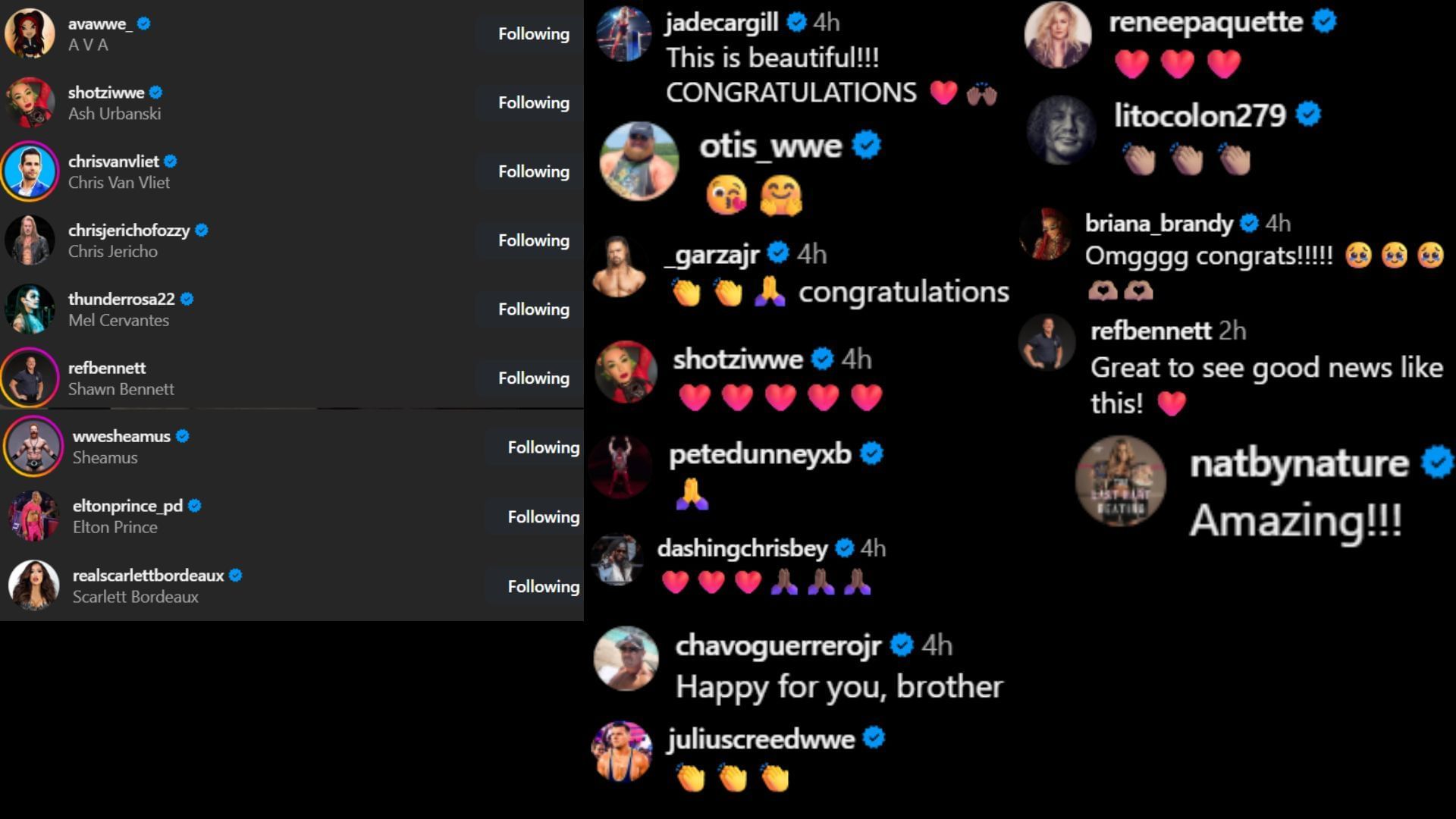 Screenshots of stars&#039; likes and comments [Image credit: Karrion Kross&#039; Instagram]