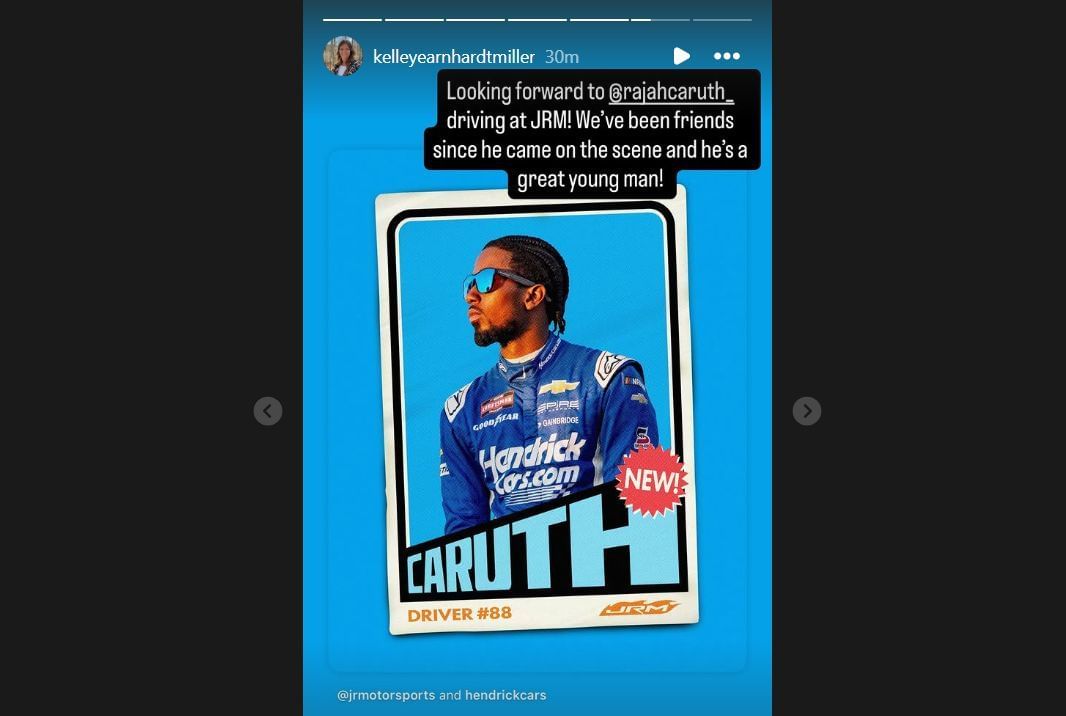 Kelley Earnhardt&#039;s story on Rajah Caruth joining JR Motorsports. Source: @kelleyearnhardtmiller via Instagram