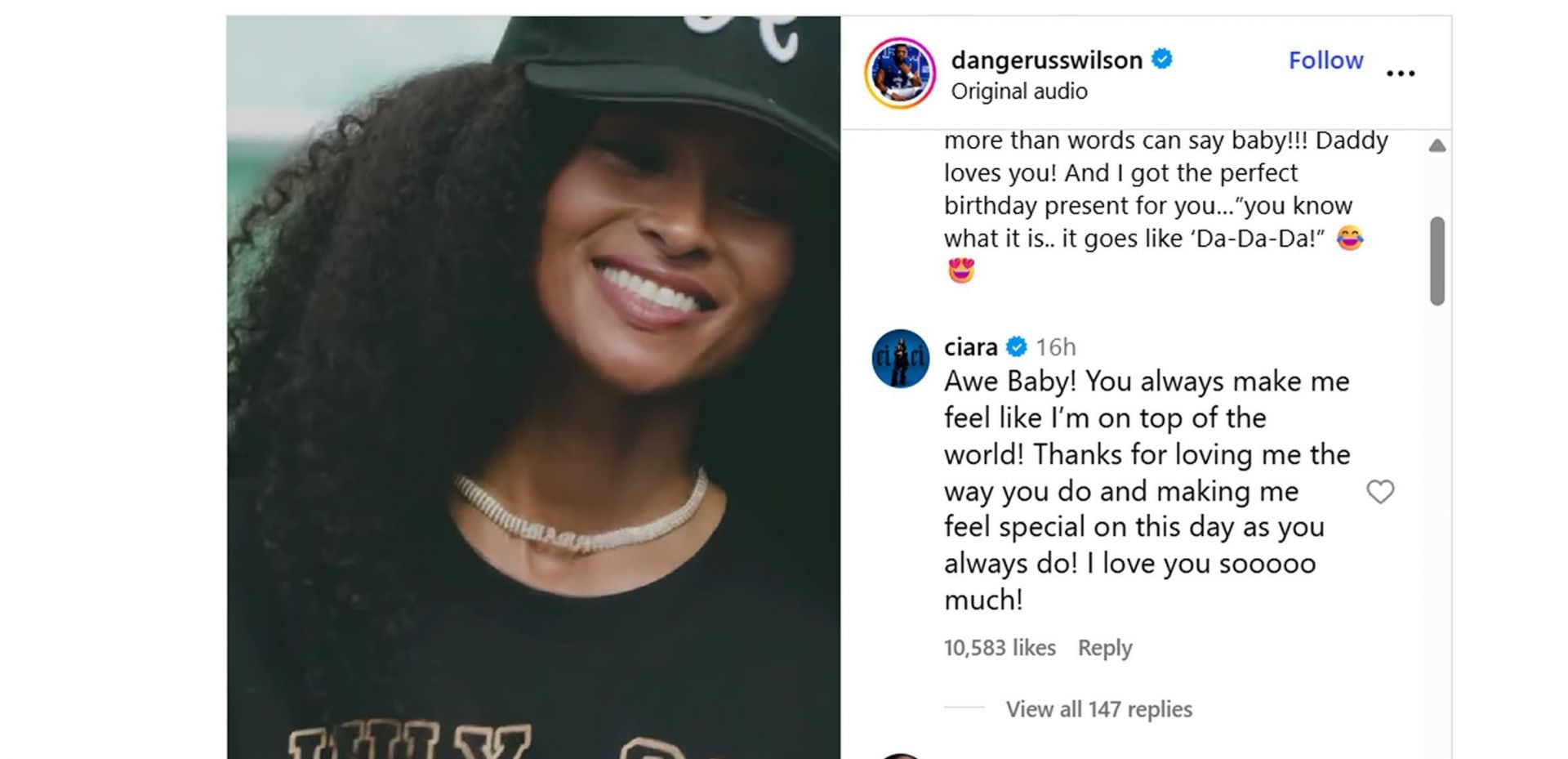 Still from Russell Wilson&rsquo;s wife Ciara&#039;s IG story/@dangerusswilson