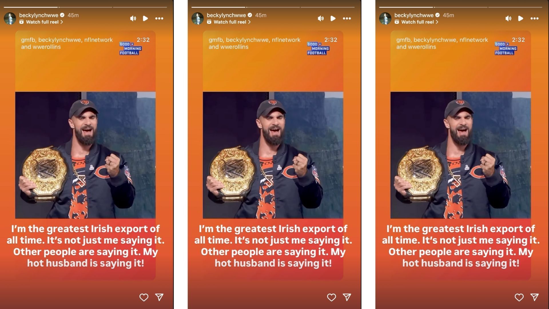 Lynch reacted to Rollins&#039; comments today on Instagram. [Image credit: Becky Lynch on Instagram]