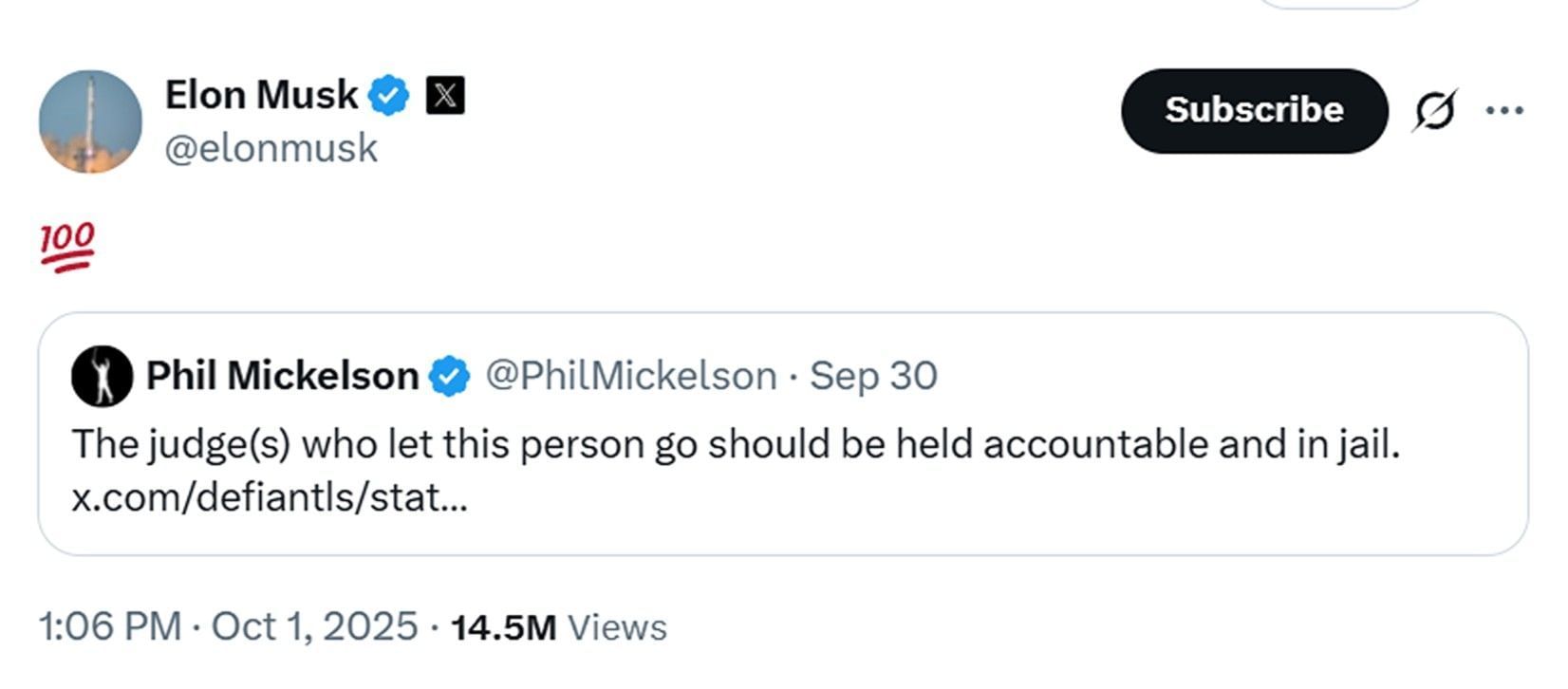 Elon Musk&#039;s response to Phil Mickelson&#039;s bold take on US justice system /@elonmusk