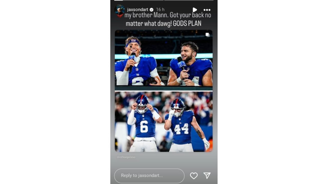 Jaxson Dart reveals his true feelings when Cam Skattebo's season ends prematurely with a sprained ankle in the Giants' Week 8 clash against the Eagles. 3 Source: (via Instagram/ @JaxsonDart)