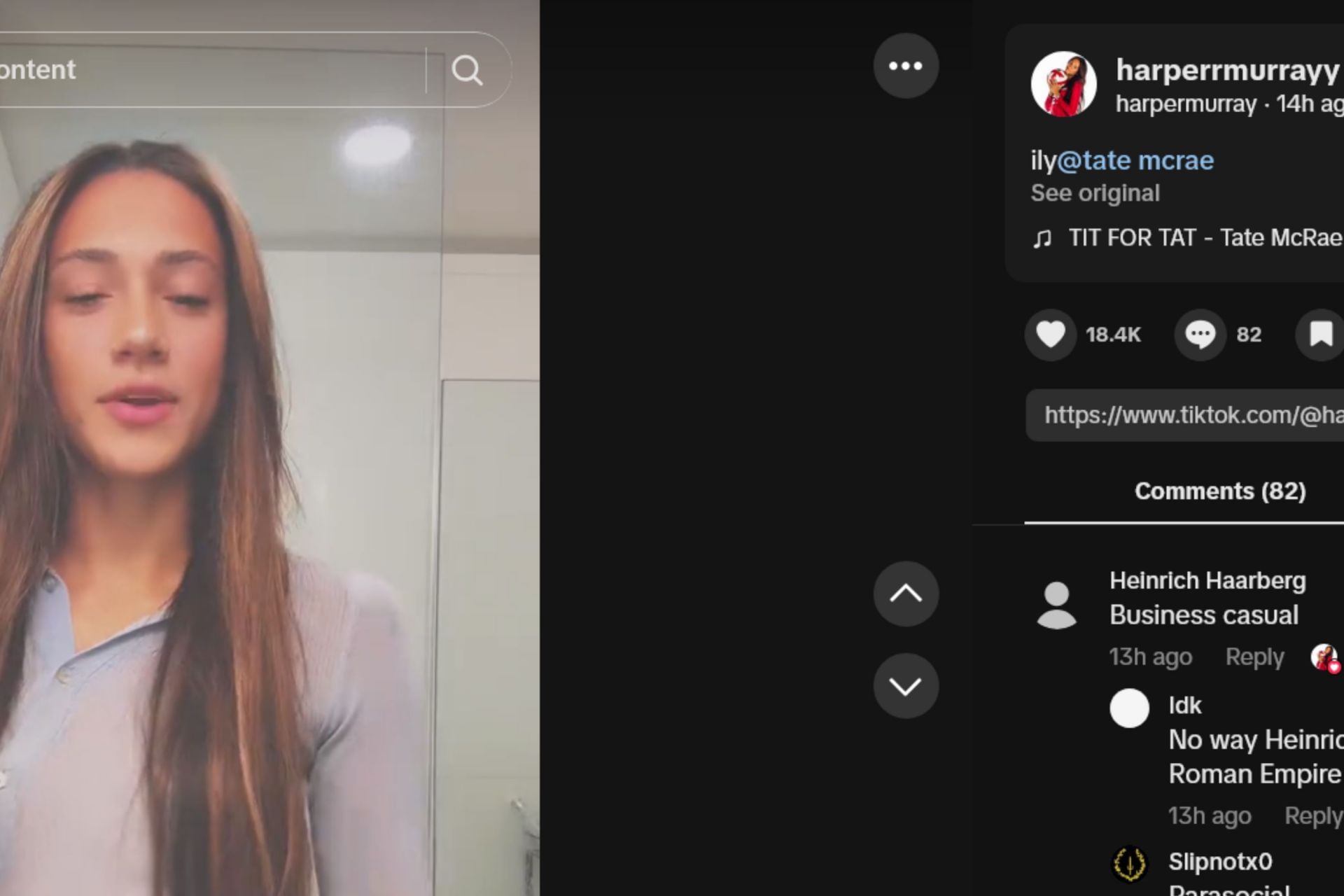 Screenshot of Harberg's reaction to Murray's comment. Credits - TikTok/HarperMurray