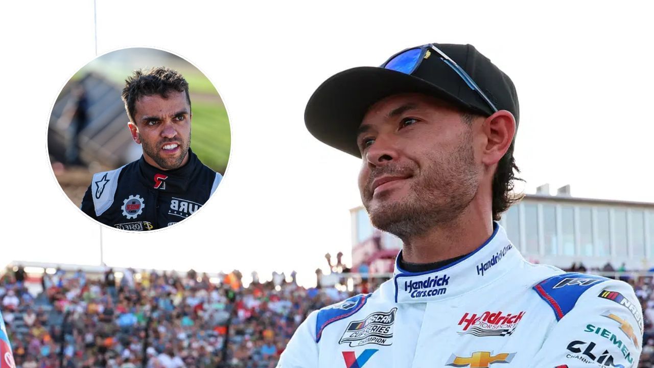 Kyle Larson congratulates Rico Abreu on High Limit Championship. Images via Imagn.