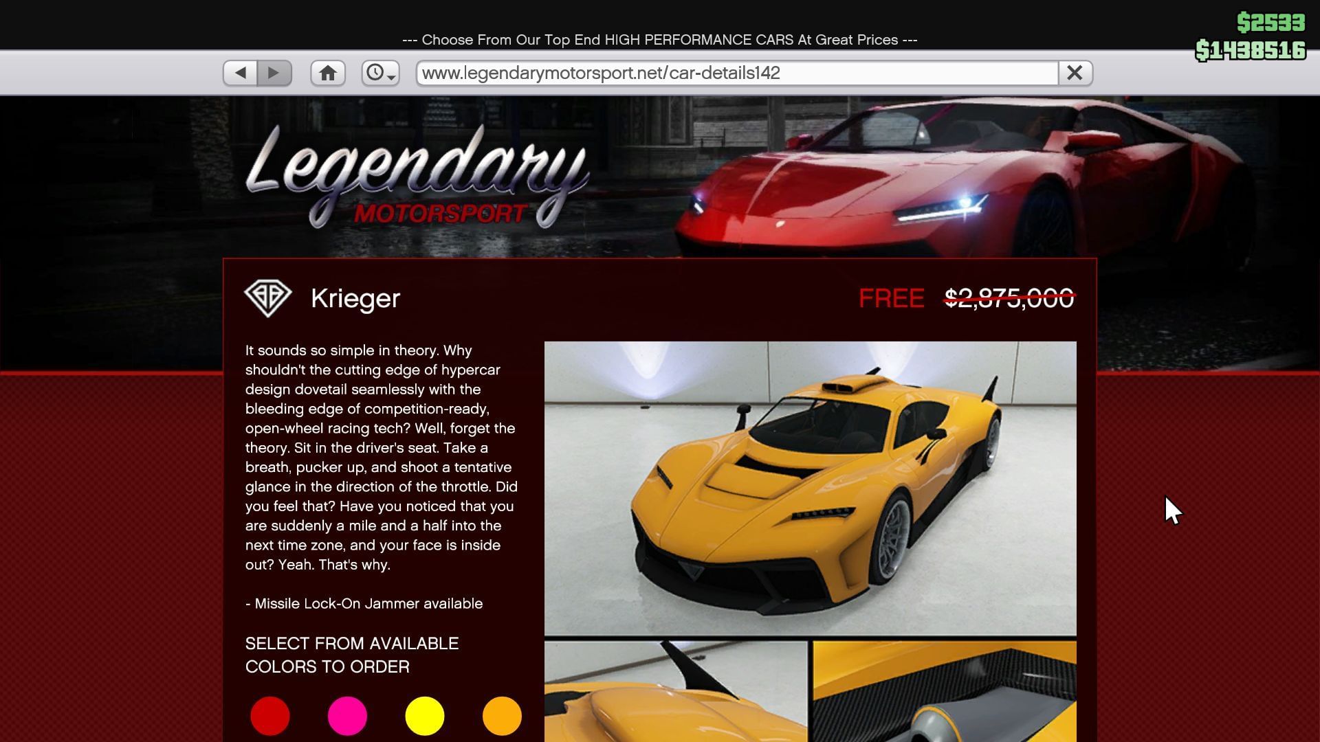Krieger will be free of charge on Legendary Motorsport (Image via Sportskeeda Gaming || Rockstar Games)