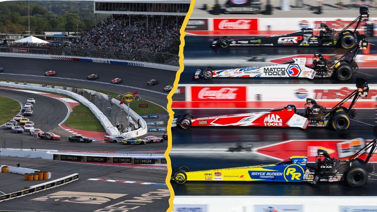A side-by-side image of (Left) A general view of racing during the NASCAR Cup Series Bank of America ROVAL 400 at Charlotte Motor Speedway on October 05, 2025 in Concord, North Carolina. (Photo by David Jensen/Getty Images) and (Right) Apr 11, 2025; Las Vegas, NV, USA; NHRA top fuel dragster drivers (from bottom) Tony Stewart alongside Doug Kalitta, Antron Brown and Brittany Force during qualifying for the Four Wide Nationals at The Strip at Las Vegas Motor Speedway. Mandatory Credit: Mark J. Rebilas-Imagn Images 