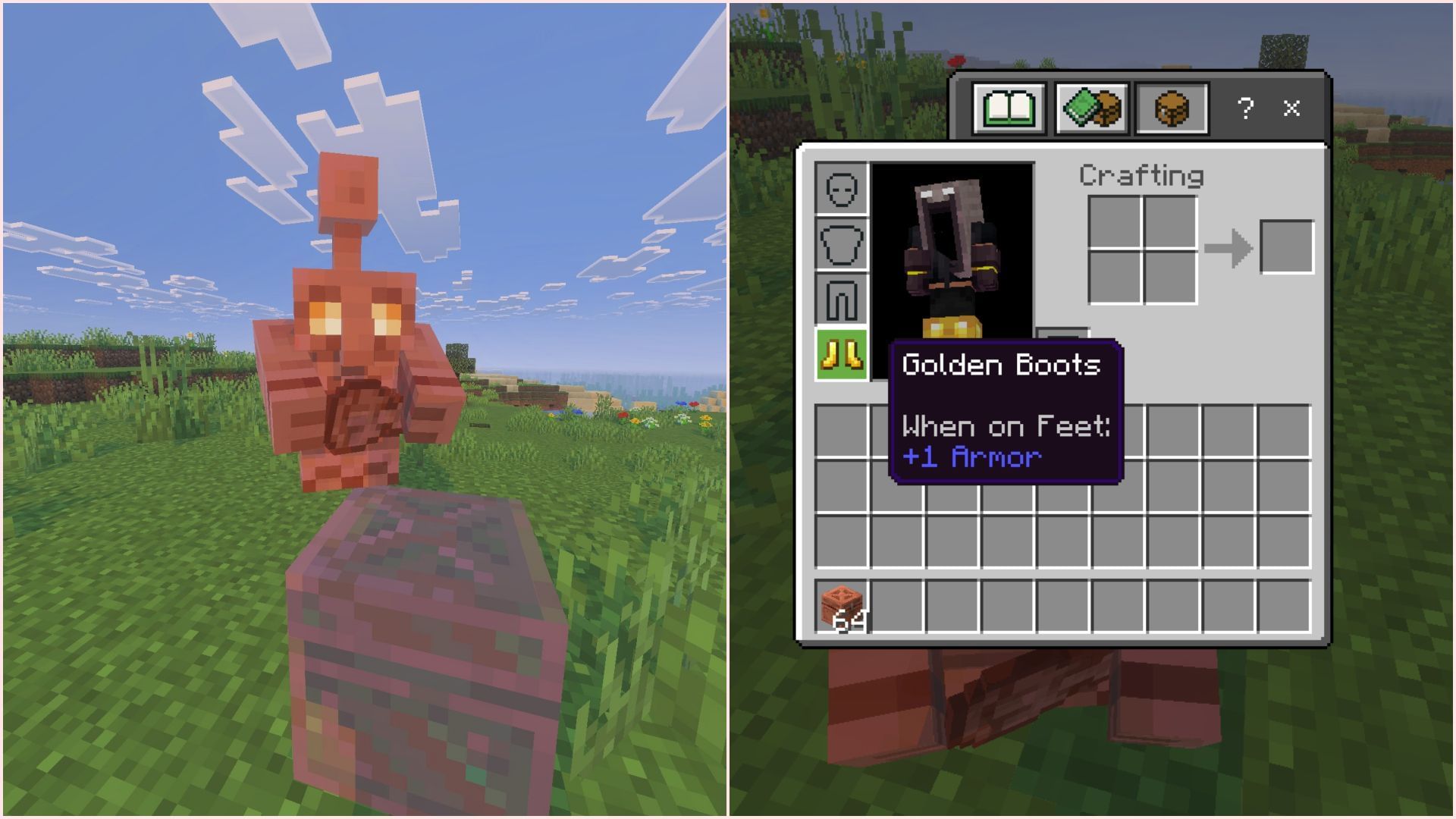 Taking items from a copper golem in Bedrock Edition is a lot trickier (Image via Sportskeeda Gaming || Mojang Studios)