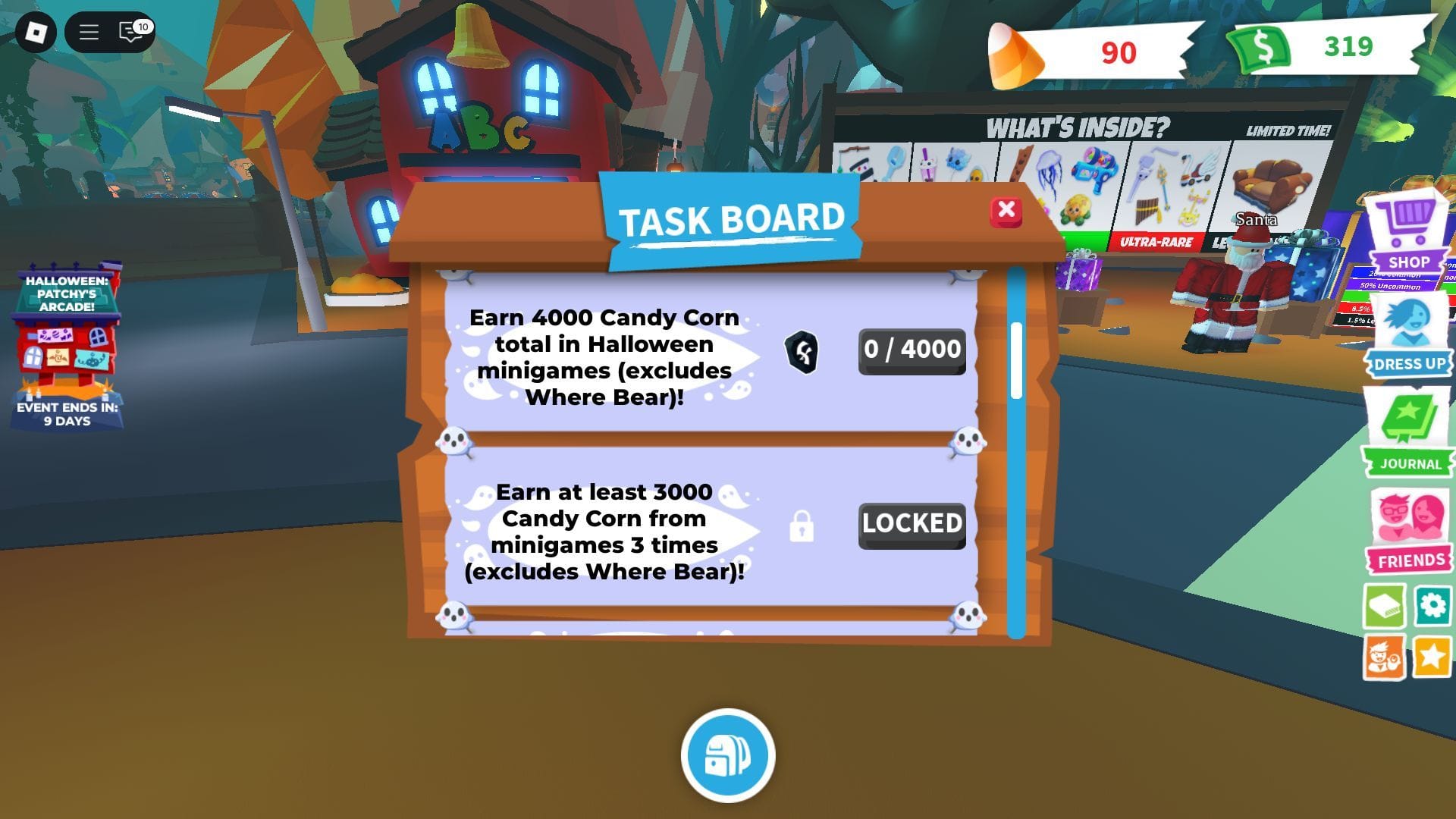 Adopt Me Halloween task board — archival screenshot Adopt Me Halloween Spotlight task board showing Candy Corn objectives and limited-time event tasks