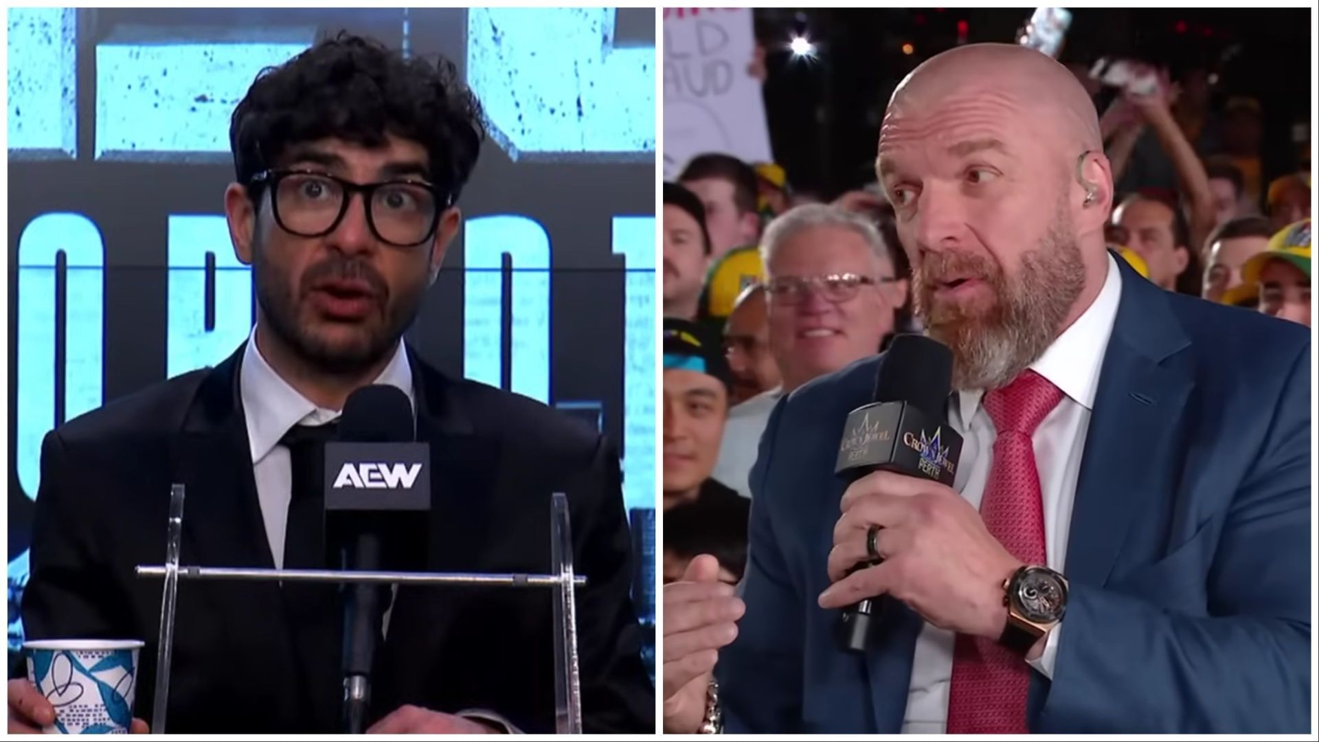 Tony Khan and Triple H. (Photos: @AEW and @WWE on YouTube)