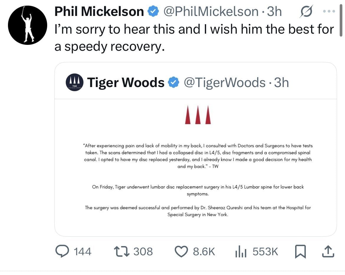 Phil Mickelson reacts to Woods&rsquo; Injury update _ Image via X/@PhilMickelson