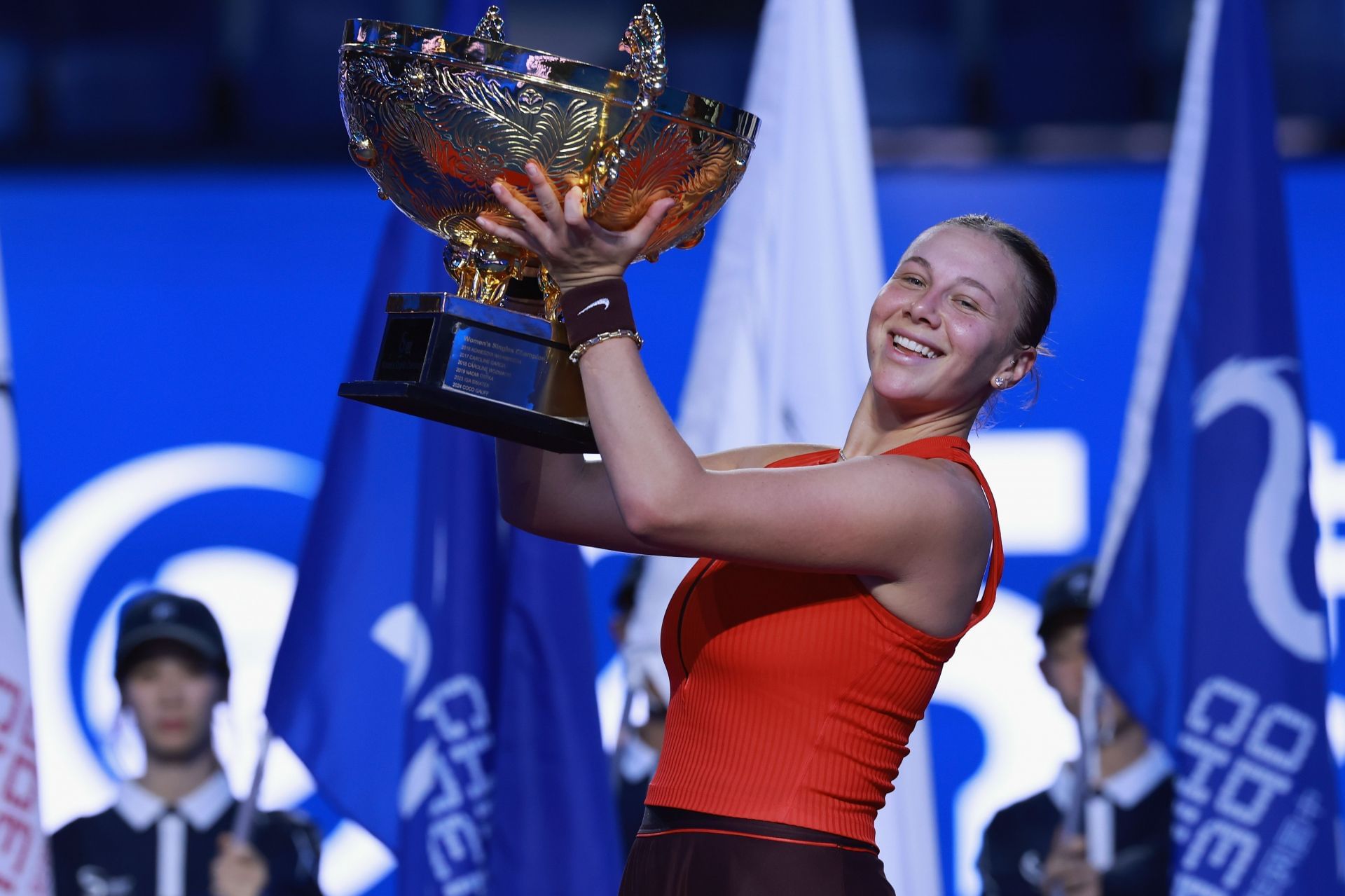 Amanda Anisimova of the United States poses with her winner&#039;s trophy during medal ceremony after winning the Women&#039;s Singles Final match against Linda Noskova of Czech Republic on day 14 of 2025 China Open at National Tennis Center on October 05, 2025 in Beijing, China. (Photo by Lintao Zhang/Getty Images) - Source: Getty