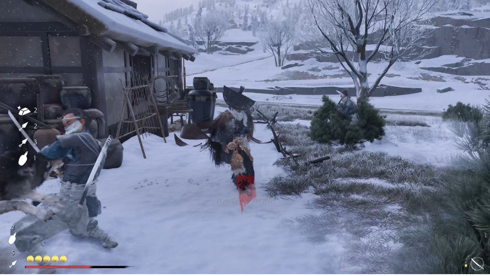Some Nine Tails enemies will hide in the bushes behind the house at the fourth farm (Image via Sucker Punch)