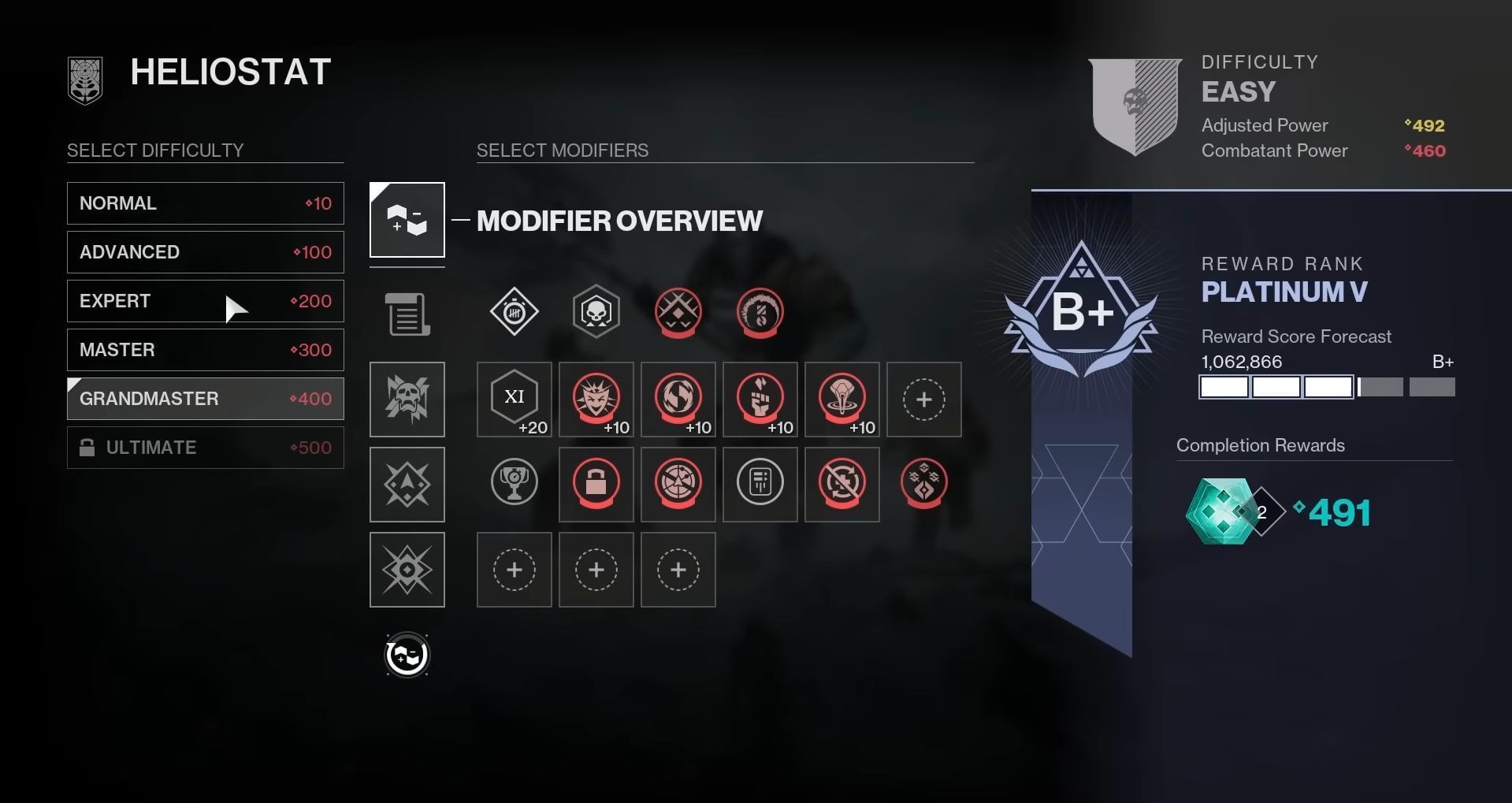 Heliostat difficulty options in Destiny 2 (Image via Bungie) 