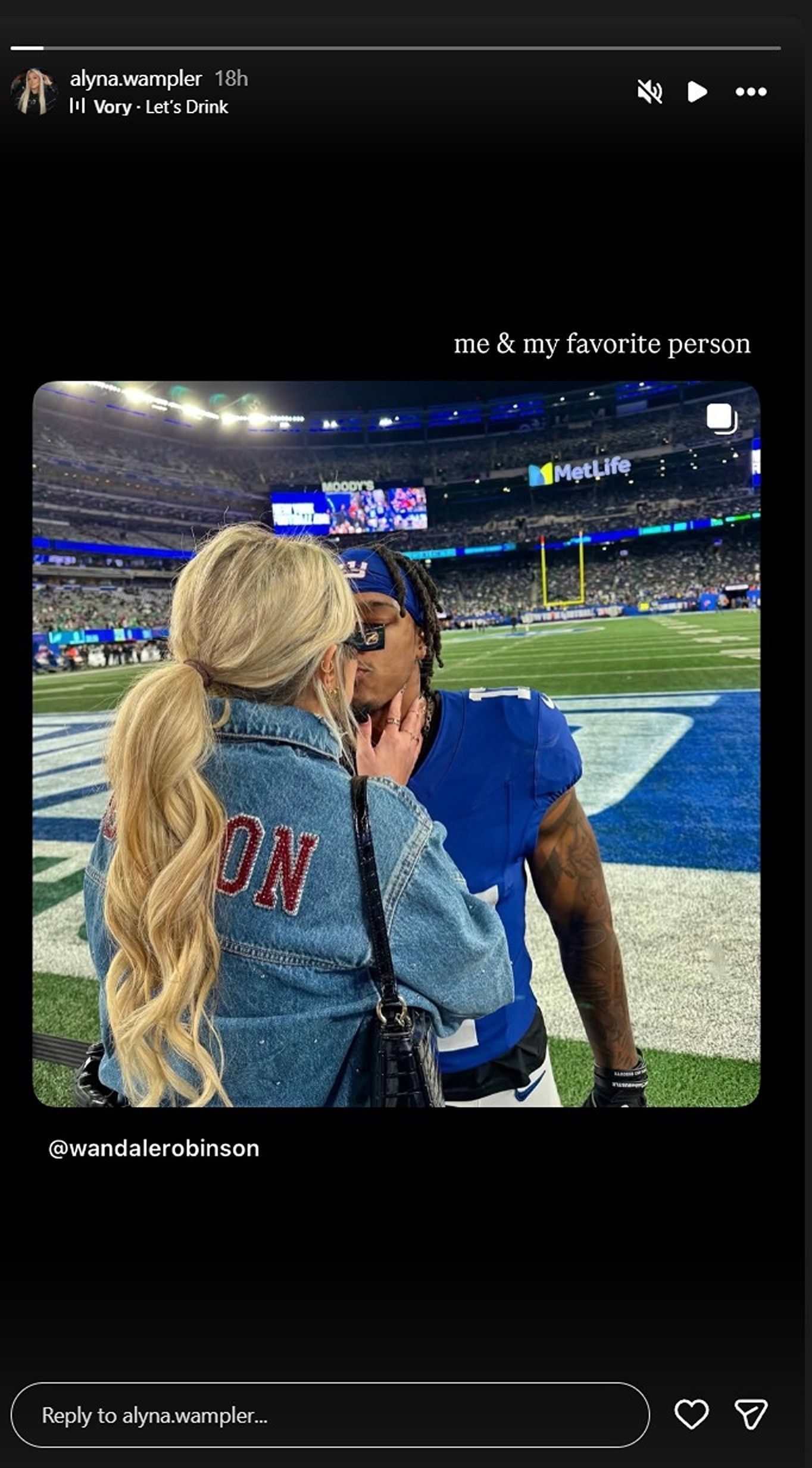 Wan&rsquo;Dale Robinson&#039;s GF Alyna Wampler drops romantic reaction to sharing a kiss with Giants WR on sidelines/@alyna.wampler