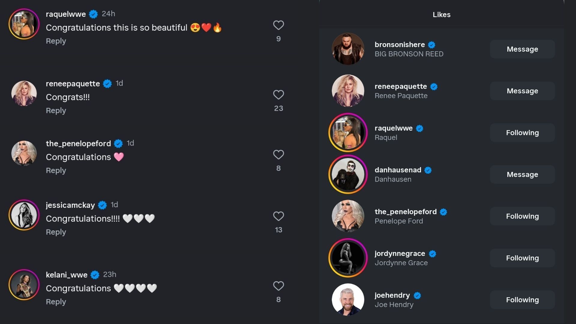 Screenshot of likes and comments from different stars (Image credits: Steph De Lander&#039;s Instagram)