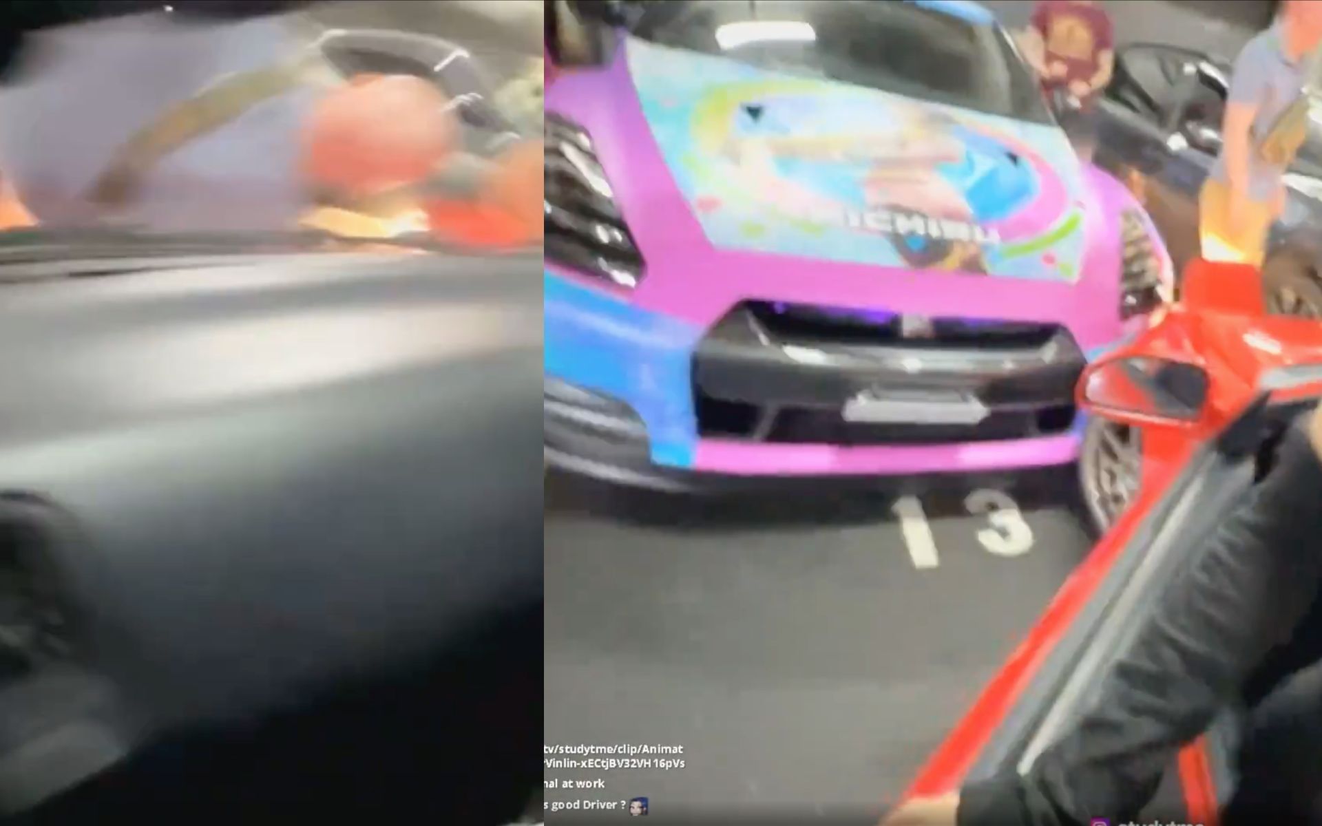 Screenshots of the moment in which the streamer appeared to allegedly crashes into a Nissan GT-R, after allegedly hitting a bystander (Image via reddit.com/r/LivestreamFail)