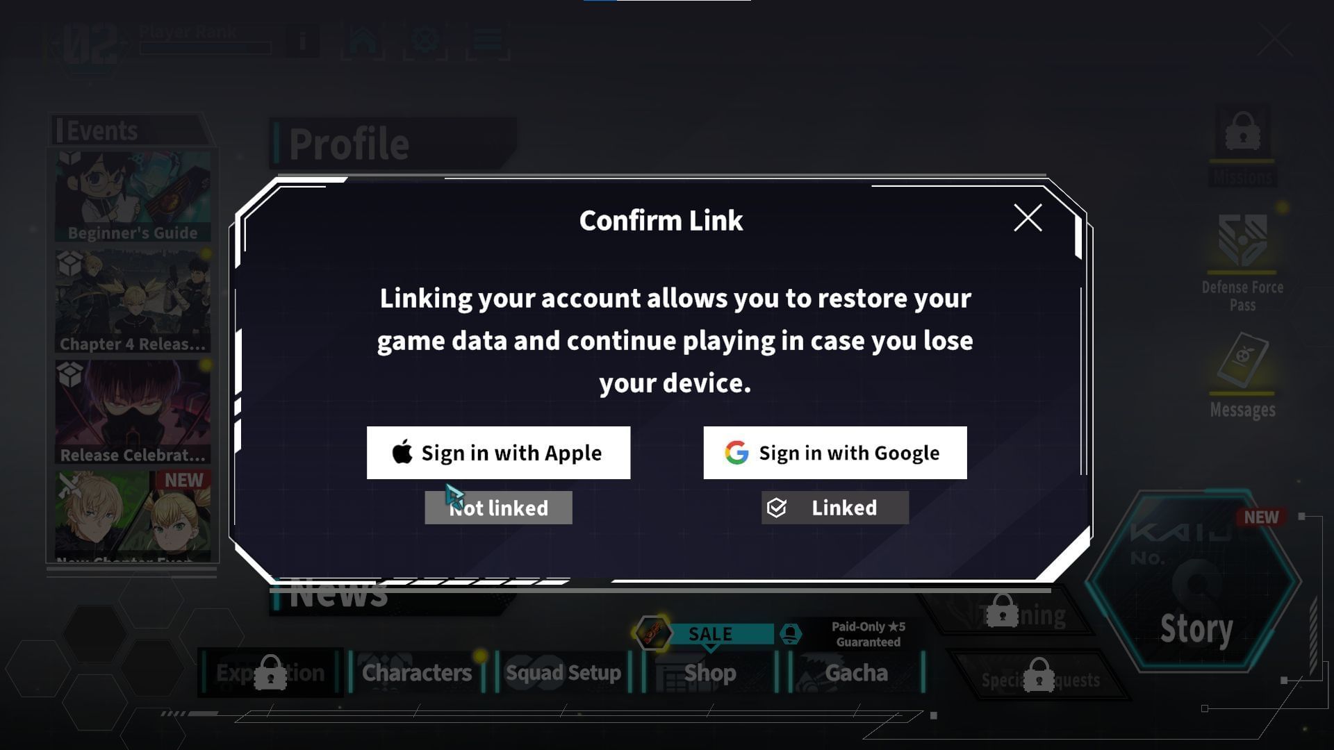 Use Apple or Google accounts to link (Image via Akatsuki Inc.)