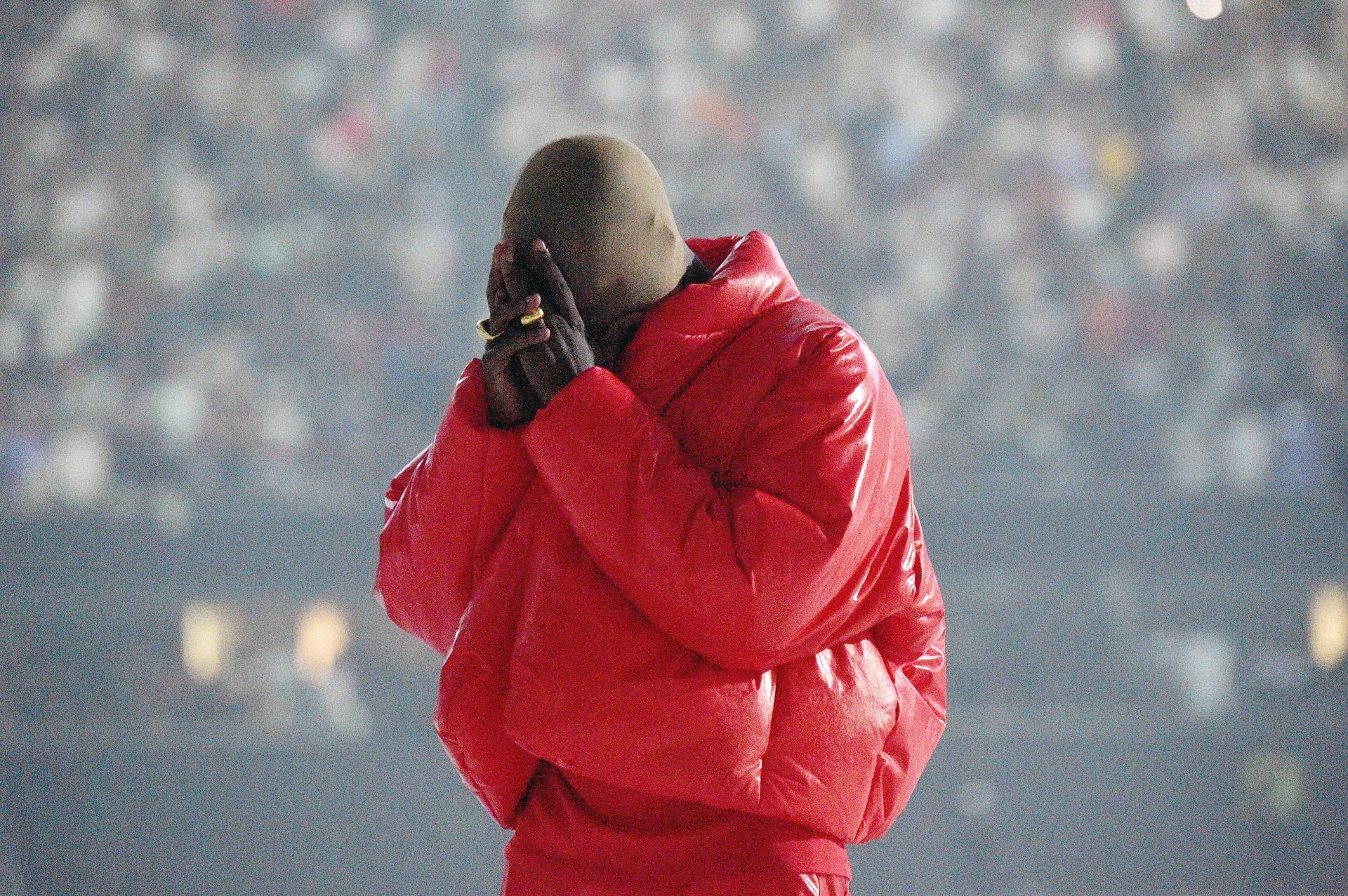 Kanye seen at the &quot;DONDA By Kanye West&quot; Listening Event at Mercedes-Benz Stadium in Atlanta, GA (Image via Getty)