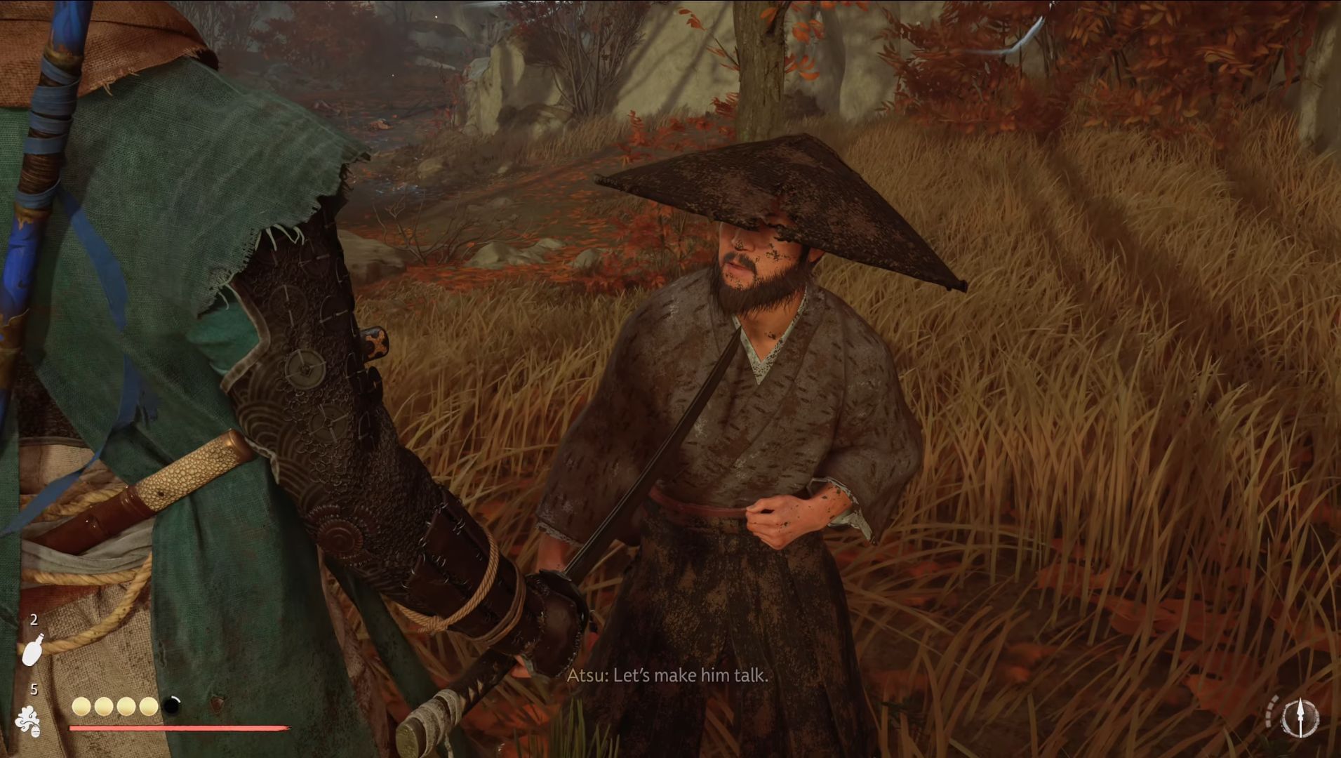 A Mad Pursuit quest walkthrough: Interrogate the surviving ronin (Image via Sucker Punch || Gamerack on YouTube)