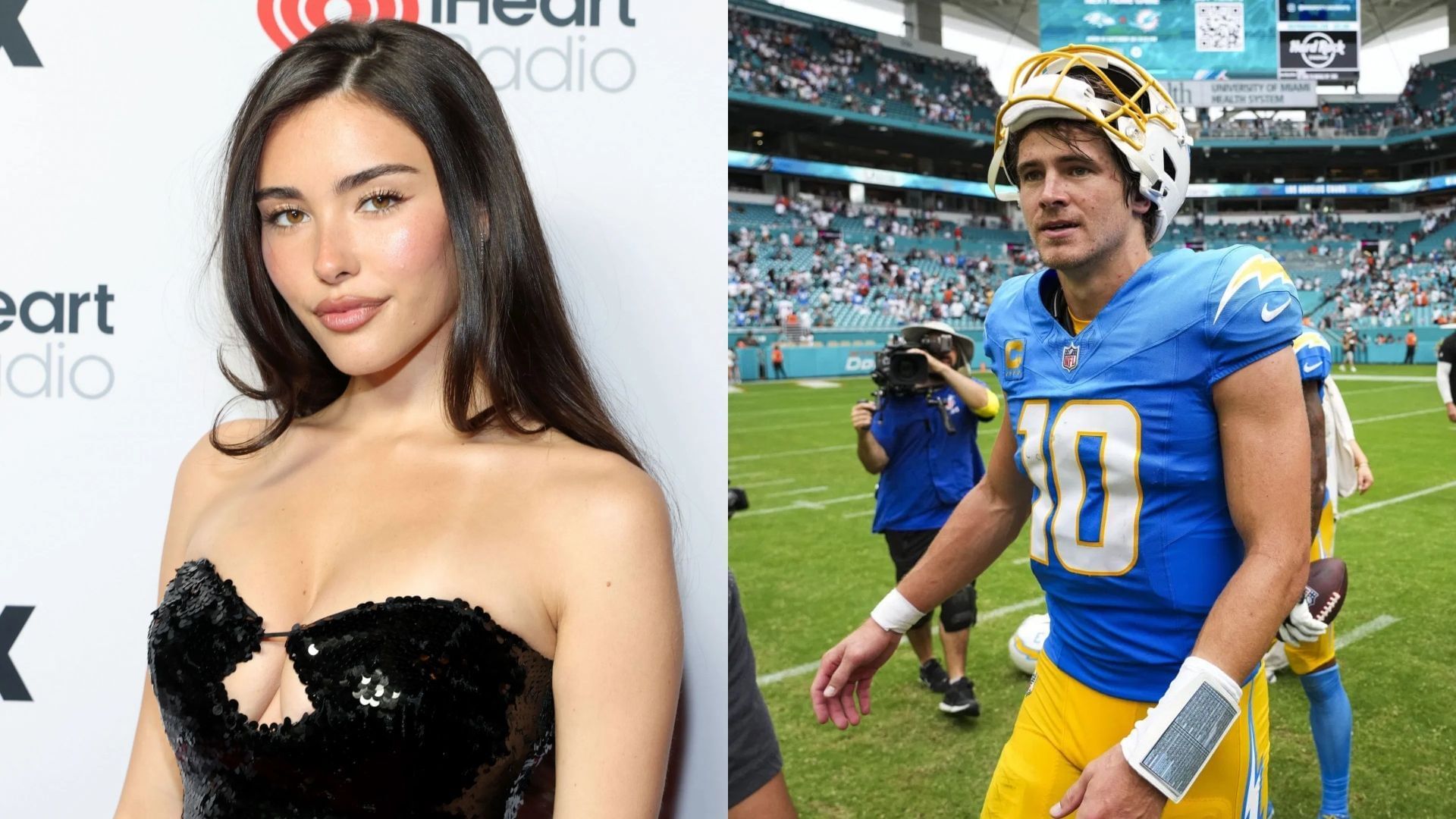 Madison Beer catches a stray during Justin Herbert