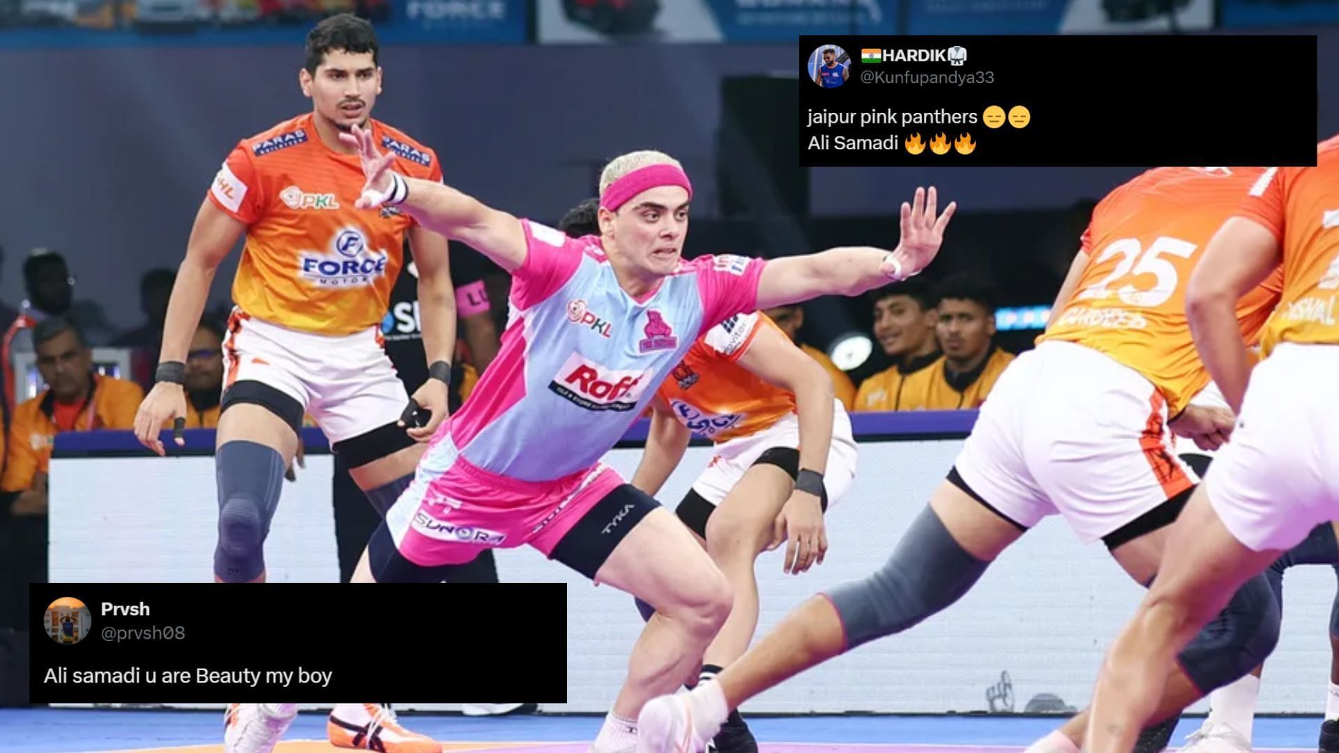 Ali Samadi in action against Puneri Paltan (Image Credits: PKL &amp; @Kunfupandya33,@prvsh08)