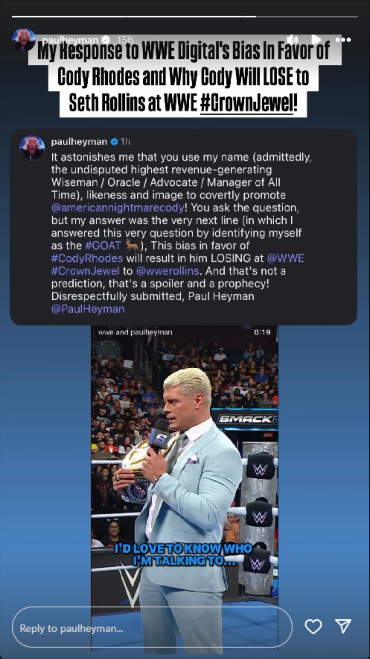 The Oracle responds to WWE&#039;s Digital Team. (Photo: @paulheyman on IG)