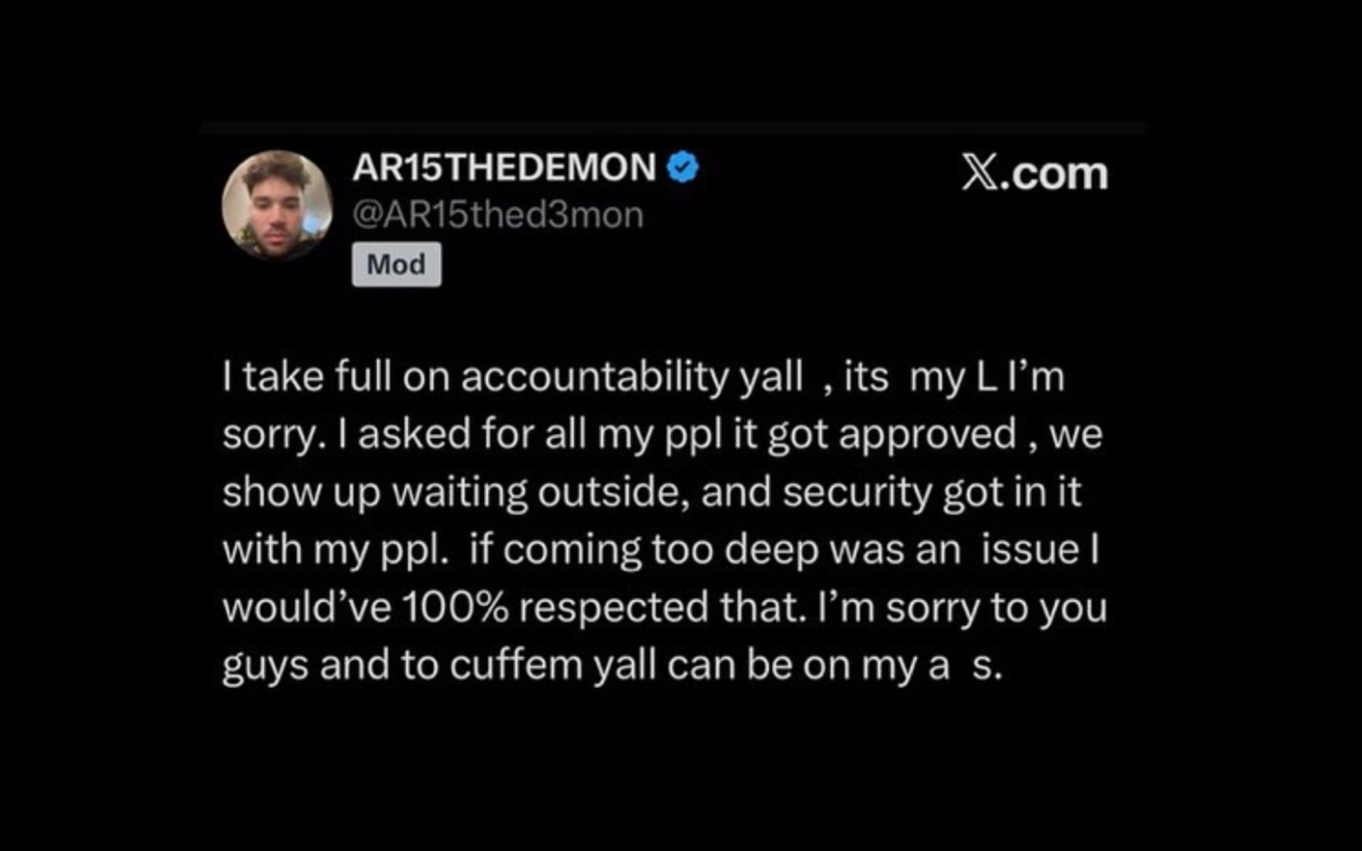 The streamer&#039;s now-deleted X post from his alternate account on X (Image via @AR15thed3mon)