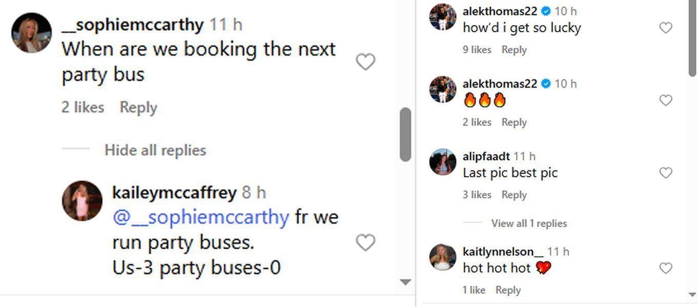 Alek Thomas reacted on his fianc&eacute;e, Kailey, post.(kaileymccaffrey/Instagram)