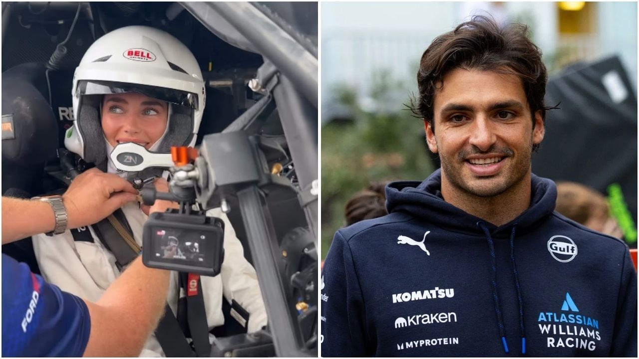 A visibly shaken Rebecca Donaldson goes rallying with Carlos Sainz as part of a Ford Racing special (Images from @iamrebeccad on Instagram and Getty Images)