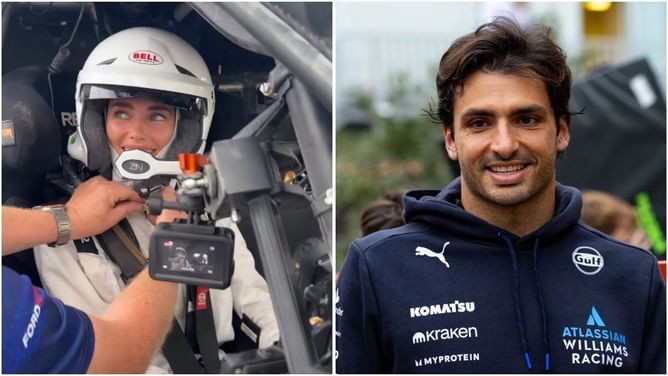 A visibly shaken Rebecca Donaldson goes rallying with Carlos Sainz as part of a Ford Racing special