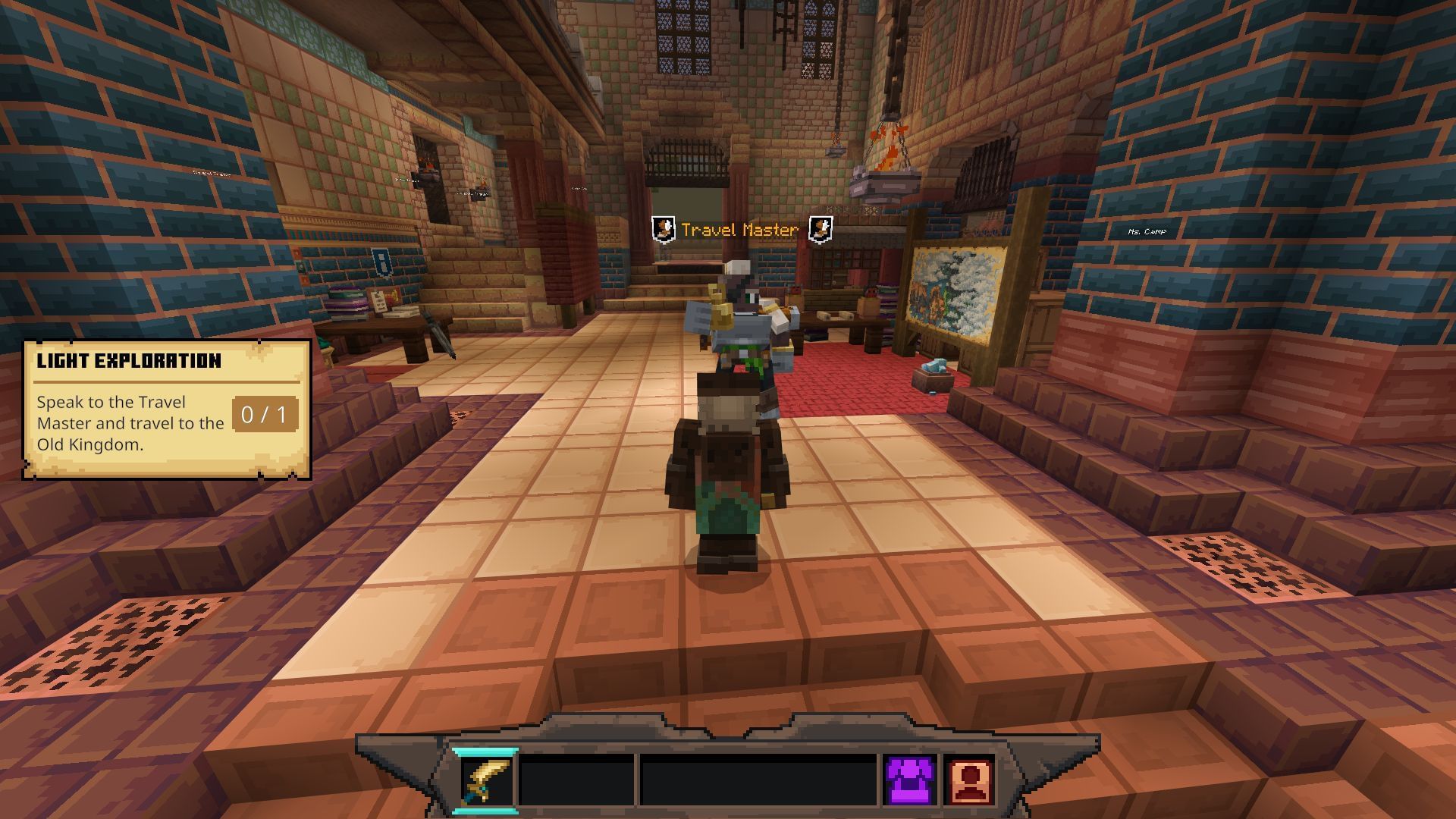Interact with the Travel Master to unlock new missions and embark on missions in different parts of the world (Image via Sportskeeda Gaming || Mojang Studios/Noxcrew)