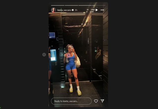 Vaccaro in a blue playsuit at the gym (Image credit: Instagram/@keeta_vaccaro)