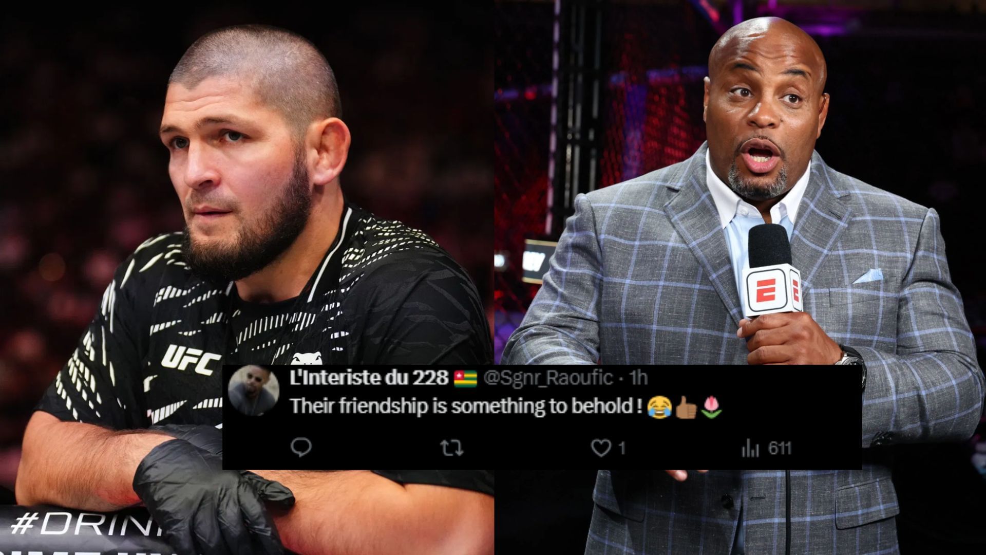 Fans react as Khabib Nurmagomedov (left) pushes Daniel Cormier (right) out after Umar