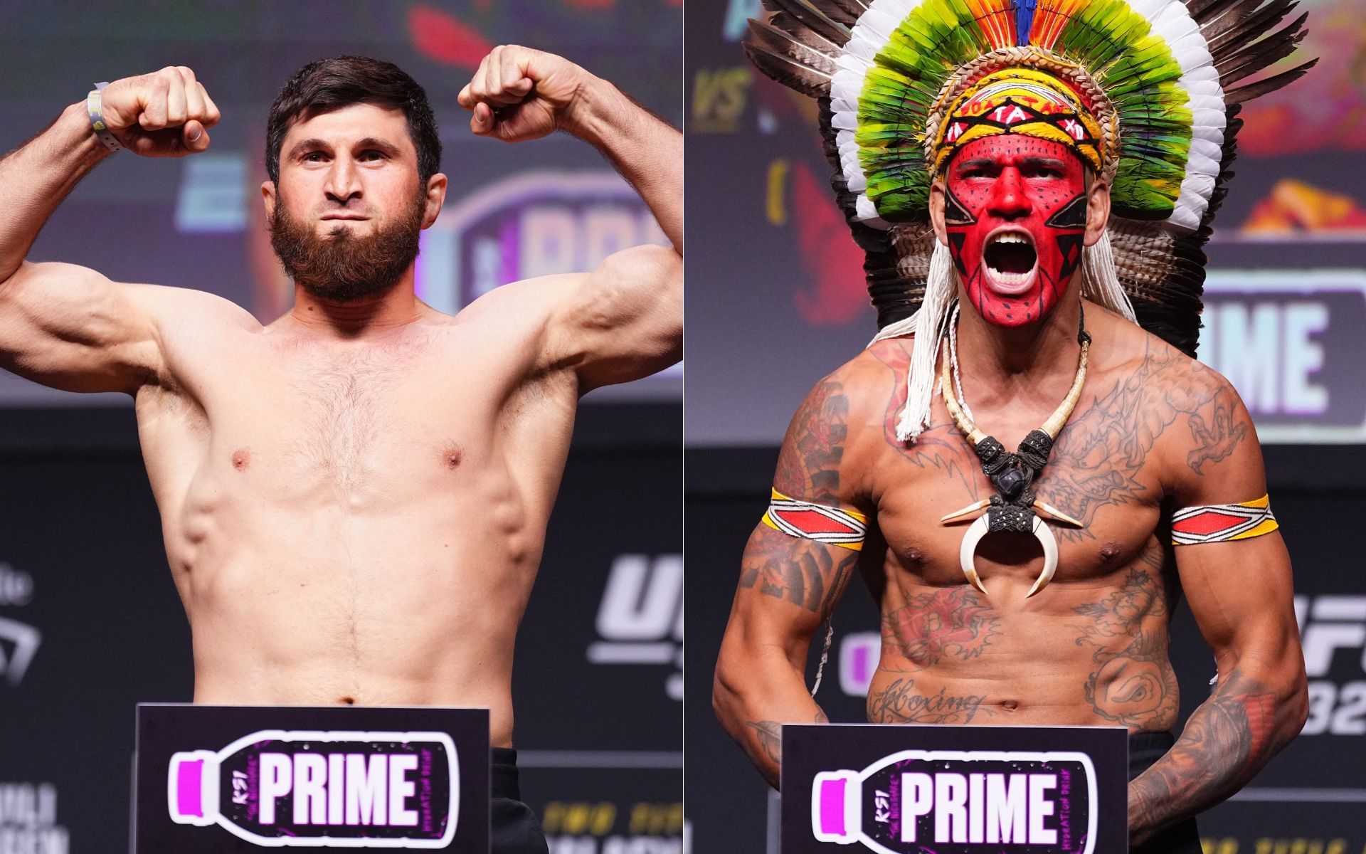 Magomed Ankalaev (left) and Alex Pereira (right) posing for the cameras during the UFC 320 ceremonial weigh-ins. [Images courtesy: Getty Images]