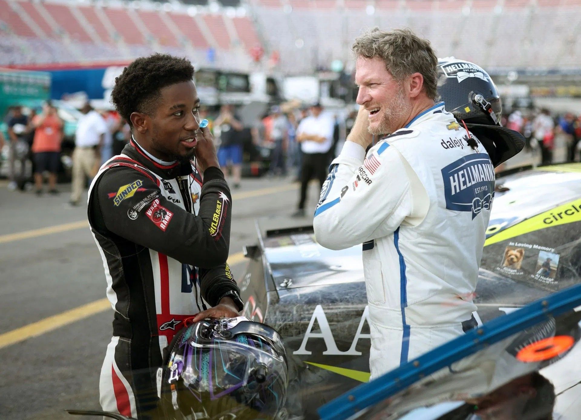 Rajah Caruth (L) and Dale Earnhardt Jr. during the 2023 NASCAR Xfinity Series Food City 300. (Getty Images)