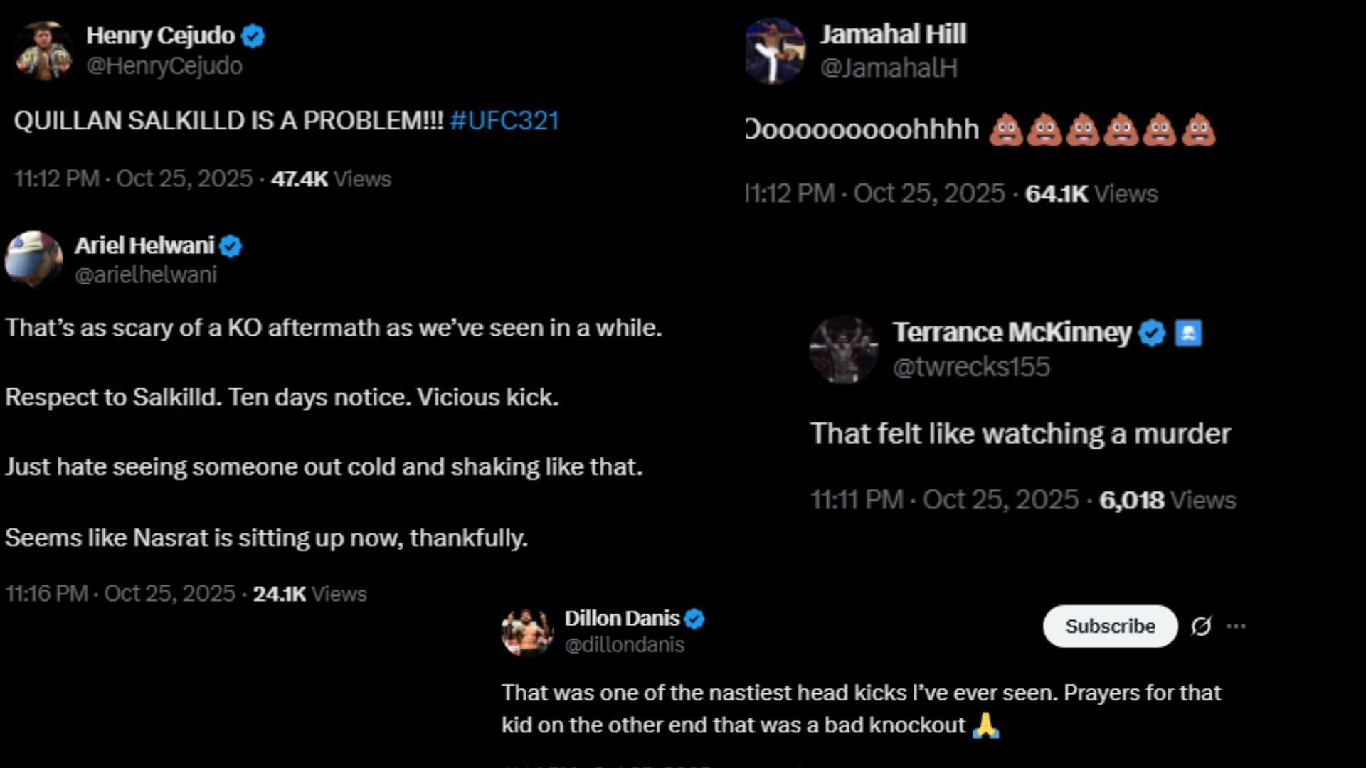 Reactions. [Screenshots courtesy: @twrecks155, @arielhelwani, @dillondanis, @JamahalH, @HenryCejudo on X]