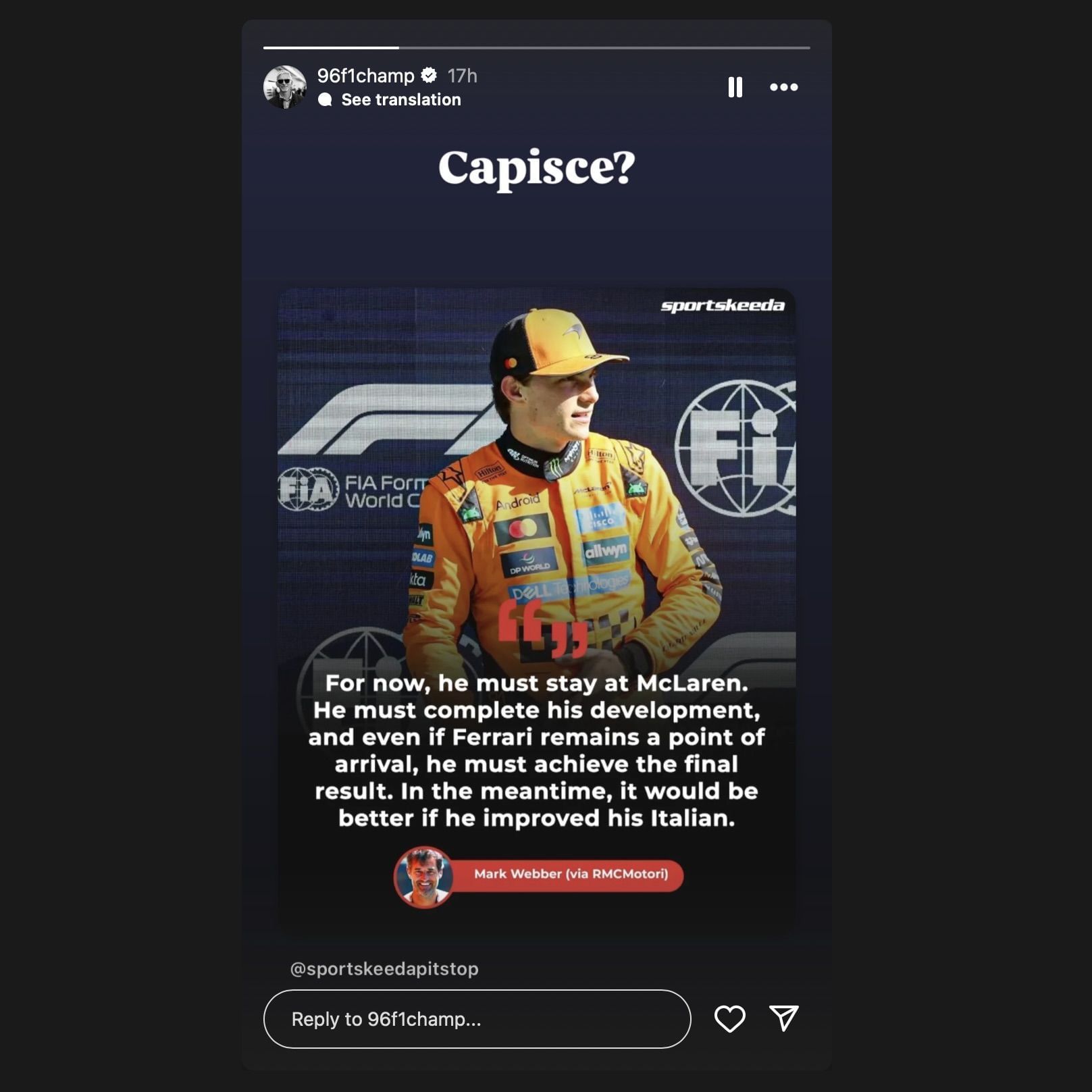 Screen grab from Damon Hill&#039;s Instagram story [via Instagram/@96f1champ]