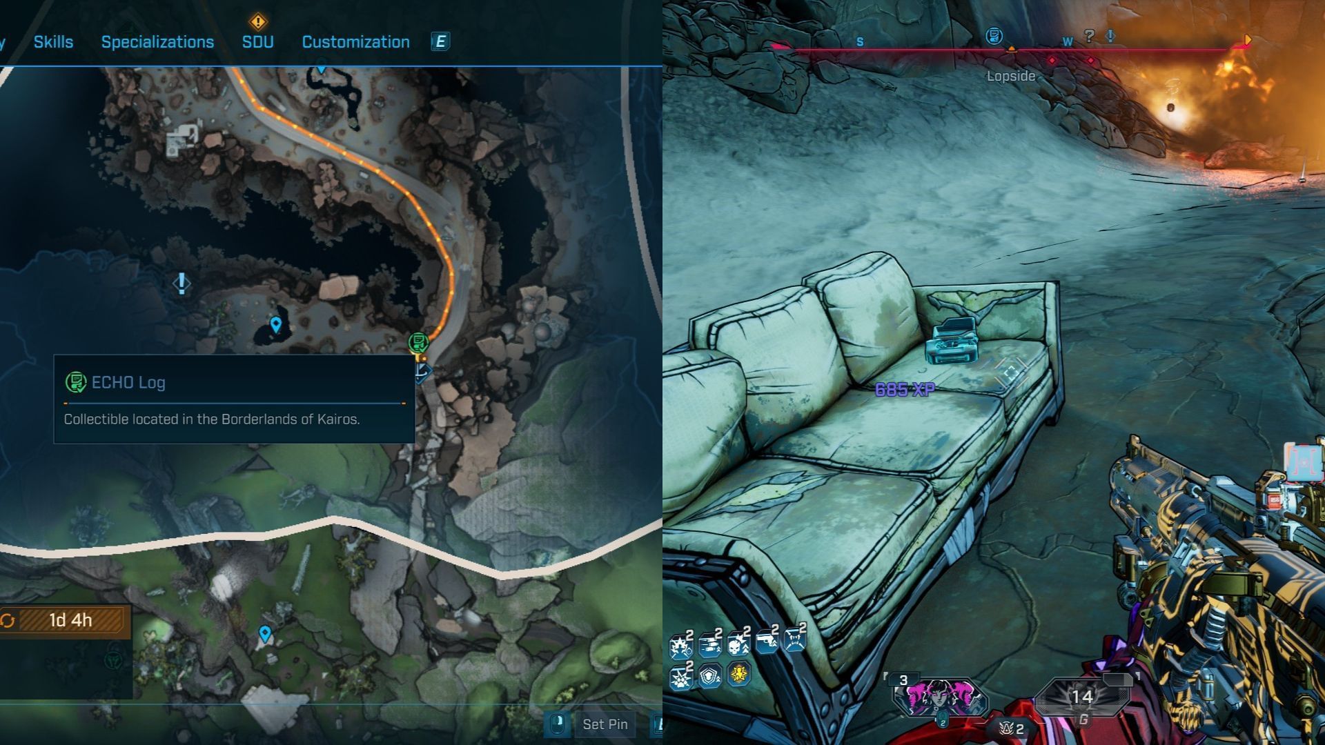 The ECHO Log is on the sofa facing the expanse of Carcadia (Image via 2K)