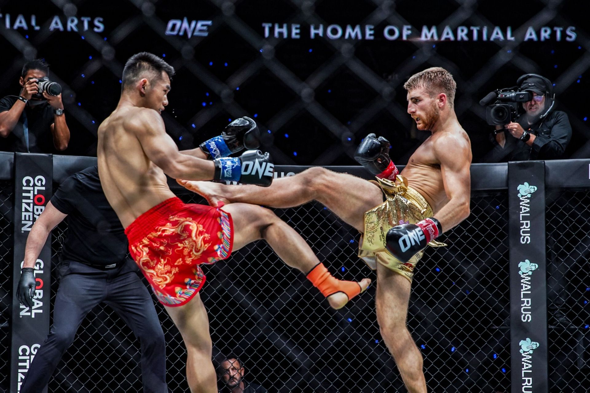 Jonathan Haggerty (R) kicks Wei Rui | Image by ONE Championship