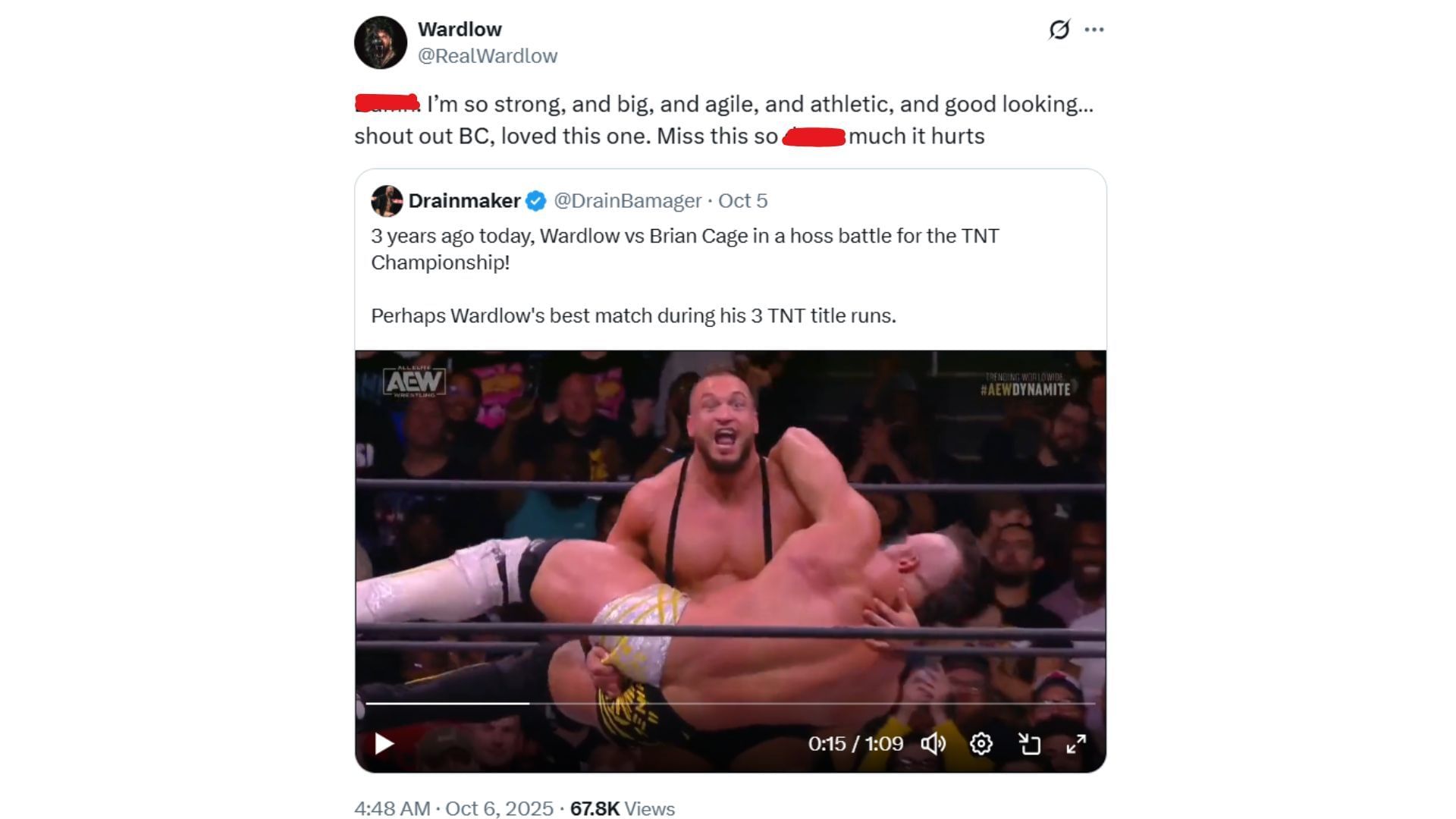 Wardlow reminiscing on his bout vs Brian Cage [Image Credits: Wardlow&#039;s X profile]