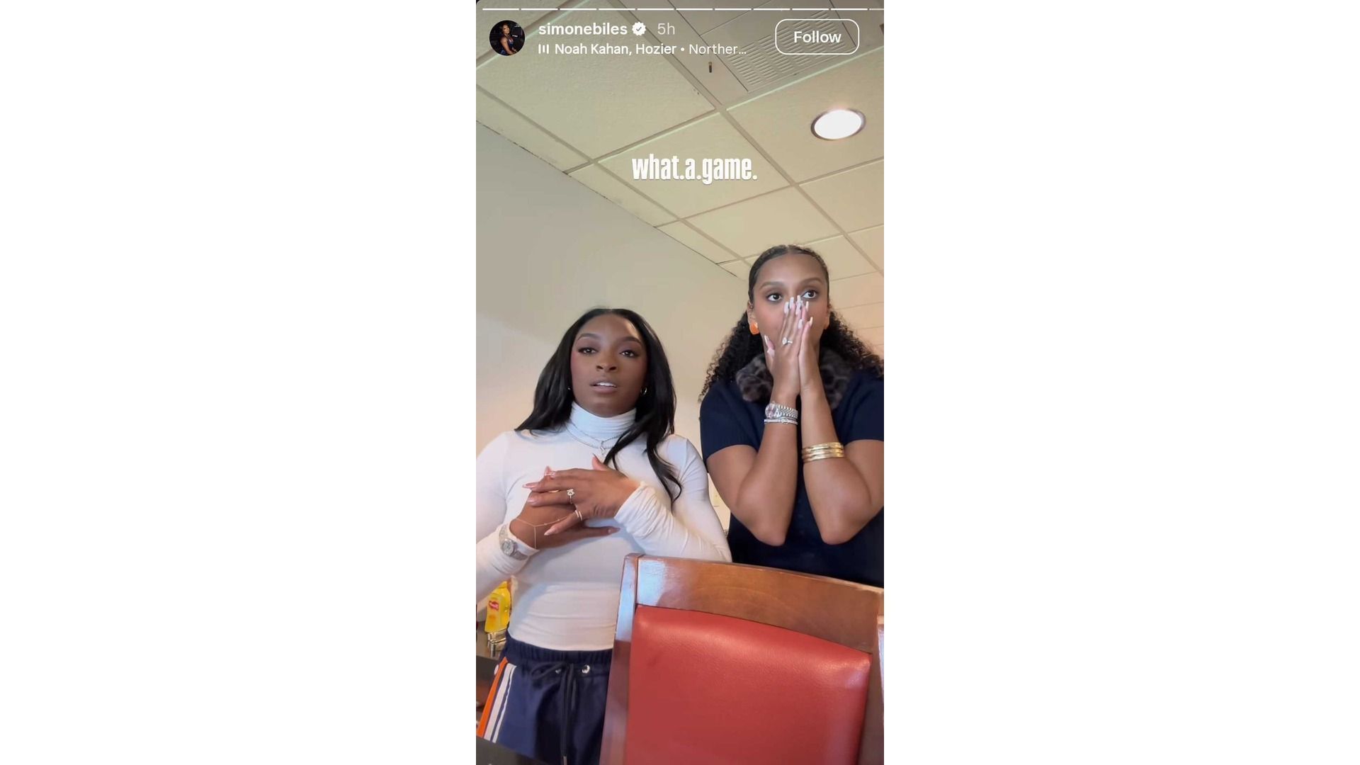 Screenshot of Biles&#039; Instagram story featuring her reaction after the win (Image via: @simonebiles on IG)