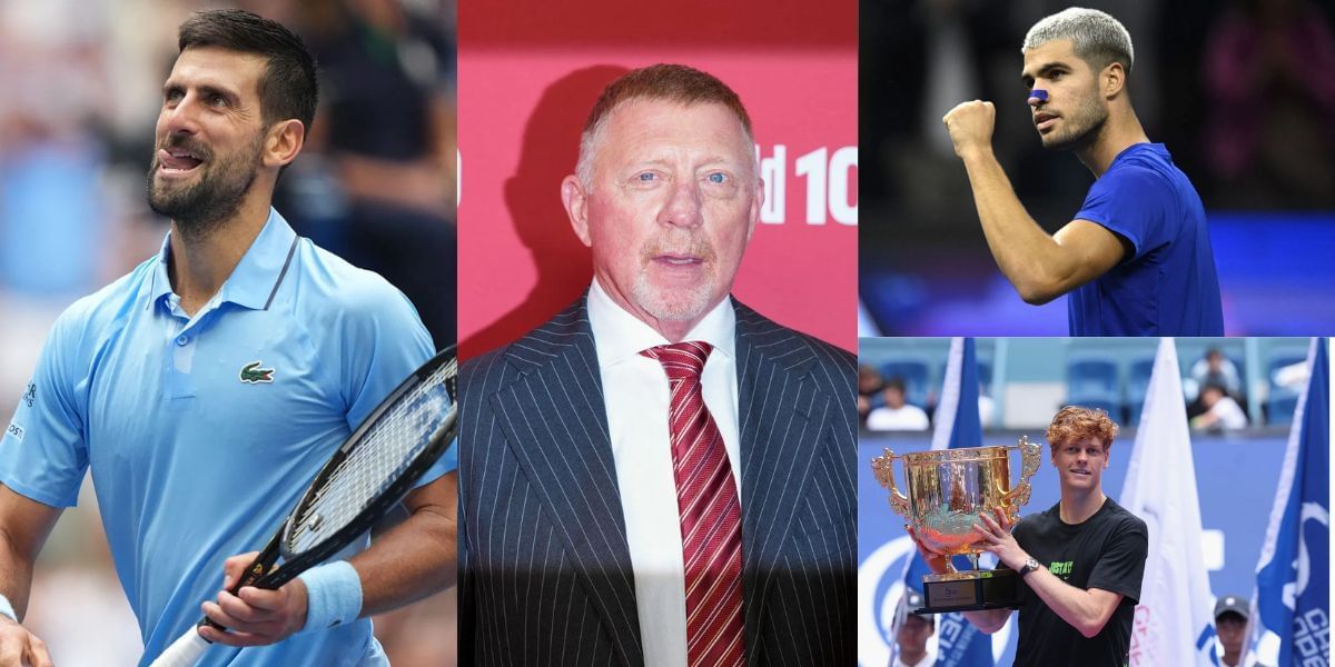 Novak Djokovic (left), Boris Becker (center), Carlos Alcaraz (top) and Jannik Sinner (bottom)