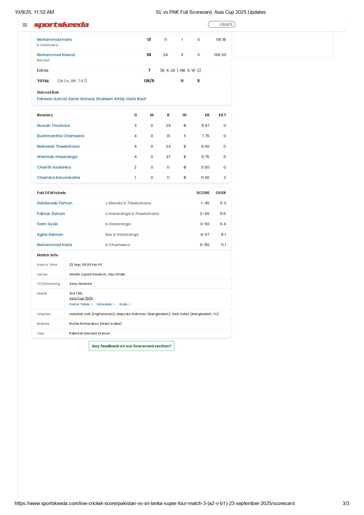 SL vs PAK scorecard. [Source: Sportskeeda]