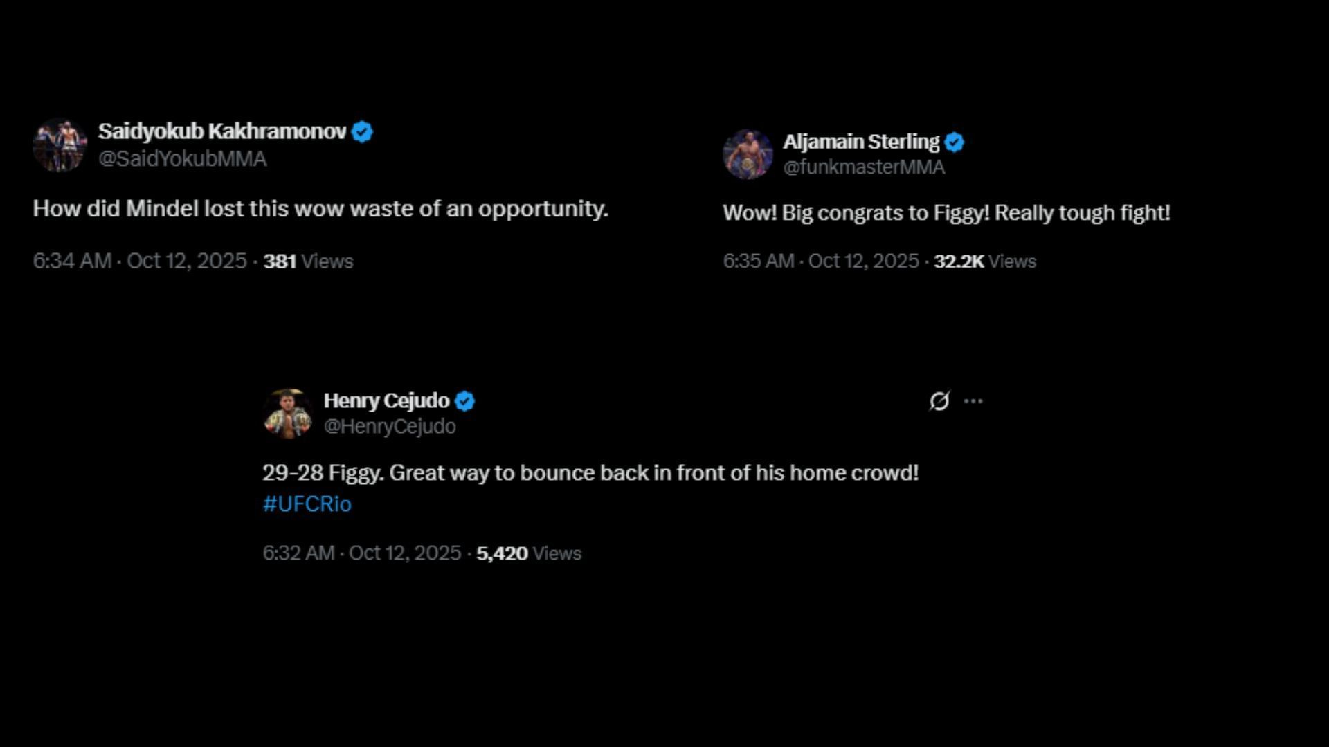 Reactions. [Screenshots courtesy: @HenryCejudo, @SaidYokubMMA and @funkmasterMMA on X]