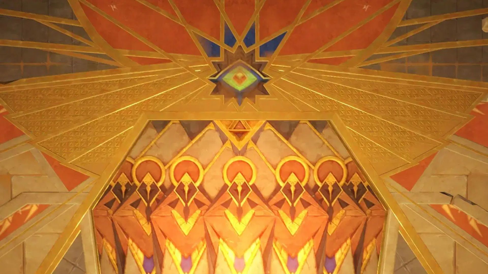 A mural of King Deshret and his Seven Pillars in Genshin Impact (Image via HoYoverse)