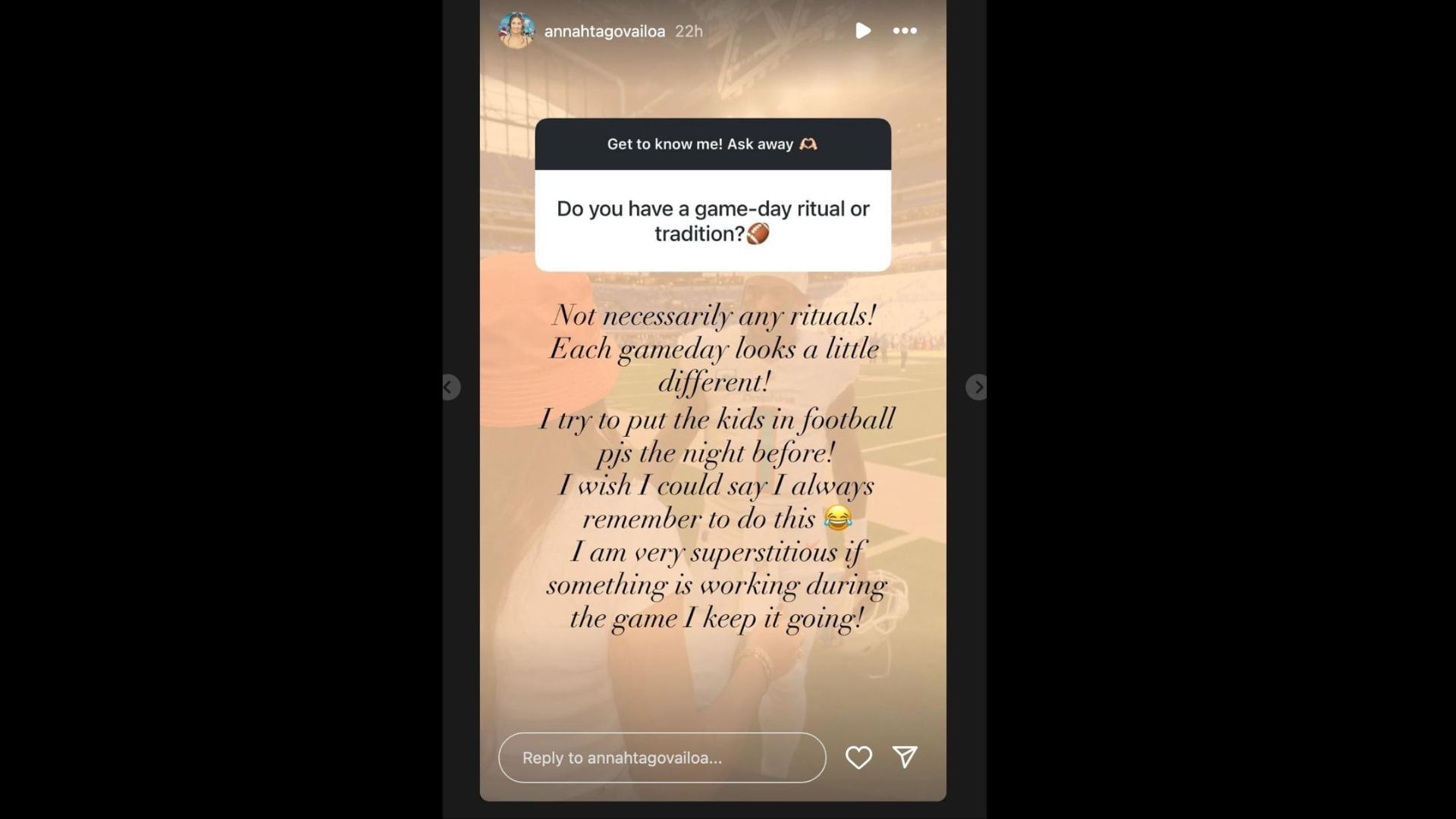 Tua Tagovailoa&#039;s wife Annah shared her superstitions. (Photo via Annah Tagovailoa&#039;s Instagram Story)