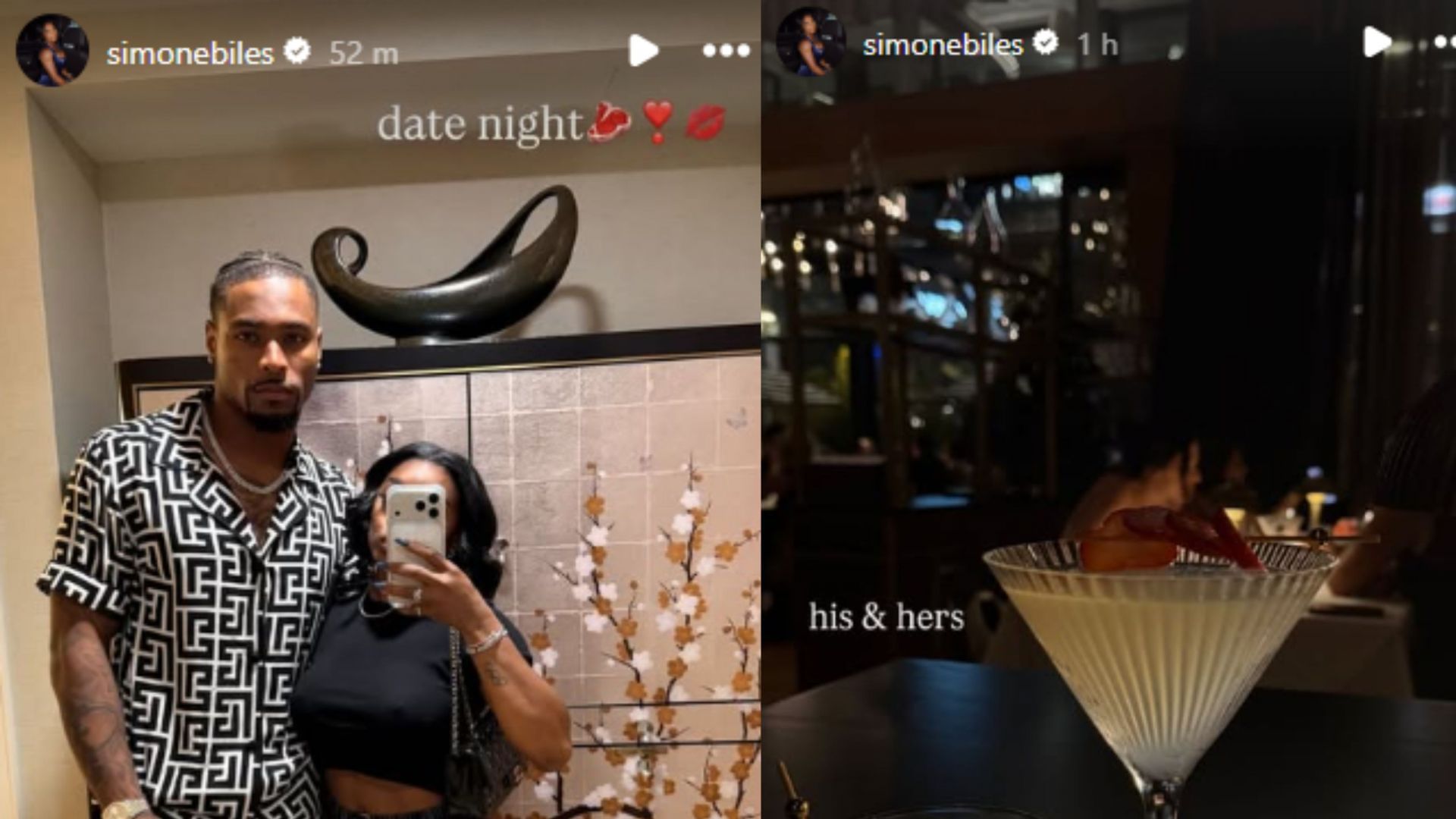 Screengrab of Simone Biles&#039; Instagram stories about the date night with Jonathan Owens [Image Source : Simone Biles&#039; Instagram] 