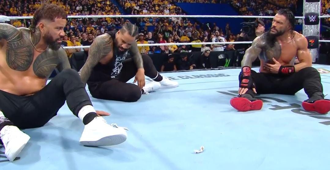 Roman Reigns with The Usos at Crown Jewel. [Image credits: WWE on X/Twitter]