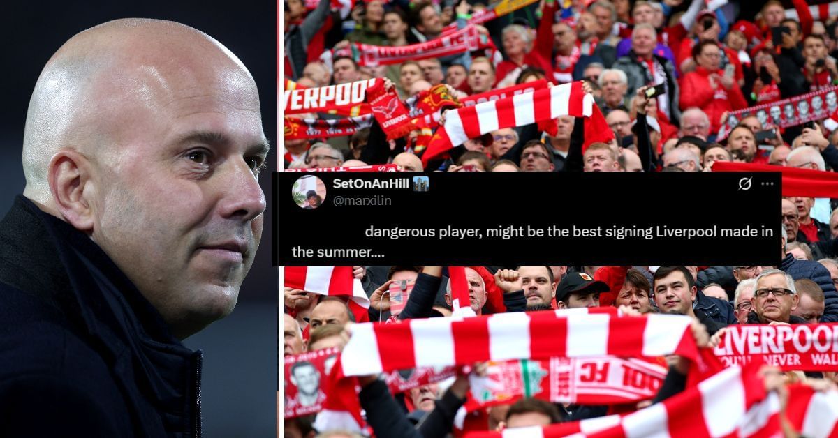 Liverpool fans hail Hugo Ekitike for his performance in their 5-1 win over Frankfurt (Image credits: Getty, X/@marxilin)
